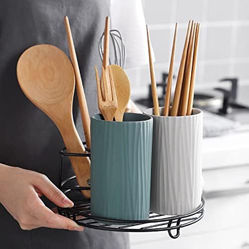 Kitchen Cutlery Holder,Utensil Organizer,Ceramic Kitchen Cutlery Storage Tube with Metal Rack Gadgets Tools Organizer Box Accessories Utensils Conatiner Holder Jar