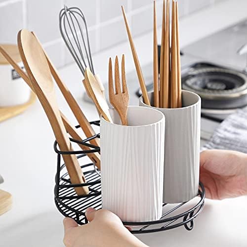 Kitchen Cutlery Holder,Utensil Organizer,Ceramic Kitchen Cutlery Storage Tube with Metal Rack Gadgets Tools Organizer Box Accessories Utensils Conatiner Holder Jar