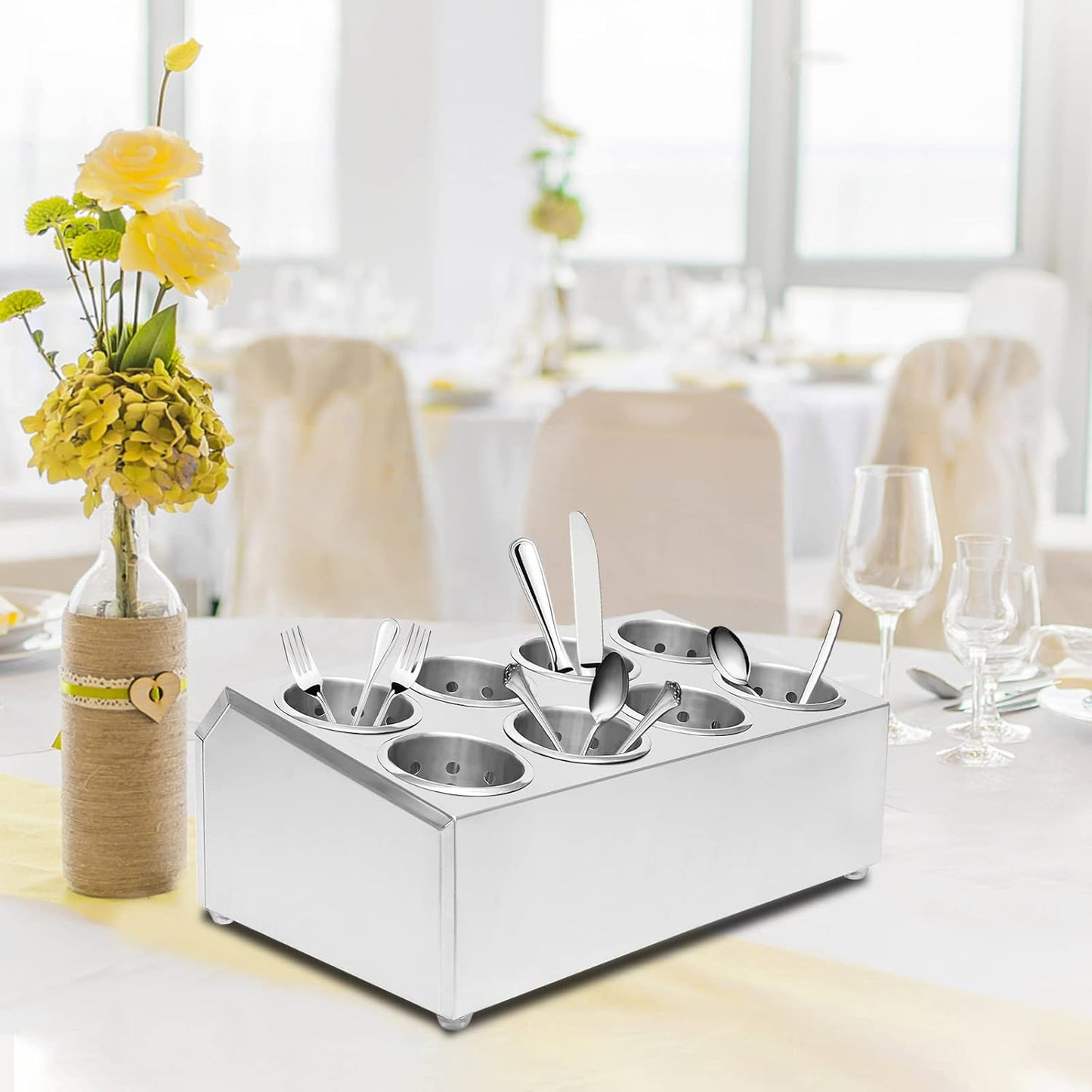 Commercial 8-Hole Stainless Steel Cylinder Flatware Organizer Home Silverware Utensil Holder Organizer for Kitchen Restaurants Catering Parties