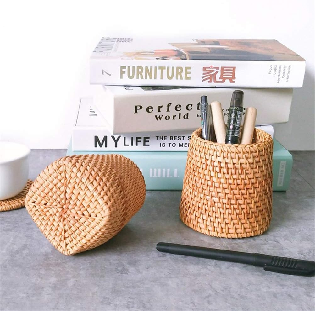 Rattan Chopsticks Tube Shovel Spoon Bucket Tableware Storage Box Household Storage Basket Storage Box (Color : B) (A)