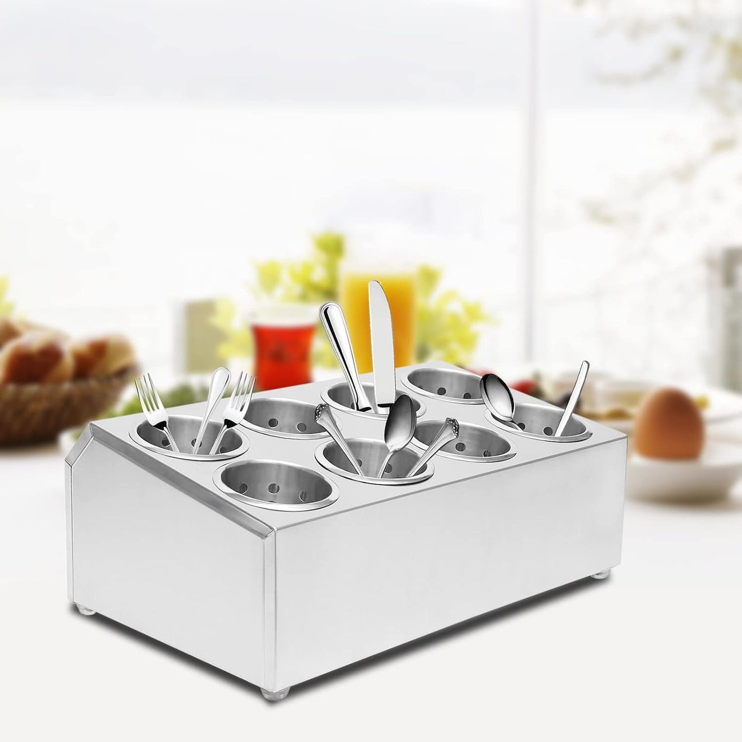 8 Holes Flatware Cylinder Holder, Commercial Stainless Steel Utensil Storage Caddy, Drying Rack Countertop Silverware Organizer For Restaurant Hotel Buffet