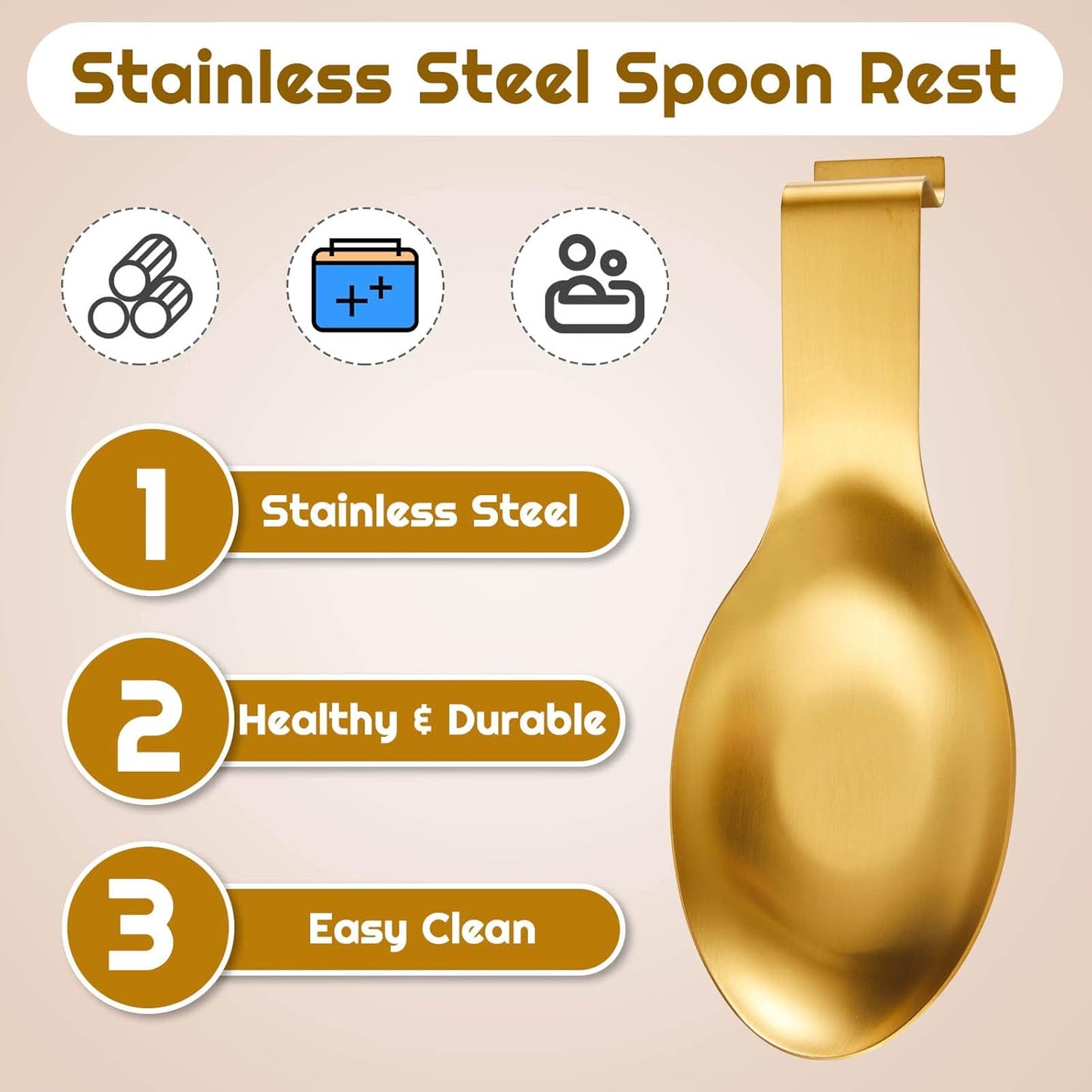 Nuanchu Stainless Steel Spoon Rest Spatula Ladle Holder Spoon for Stove Top Heavy Duty Spatula Holder for Countertop Dishwasher Safe Utensil Rest for Kitchen, 3.8 x 9.6"(Gold)
