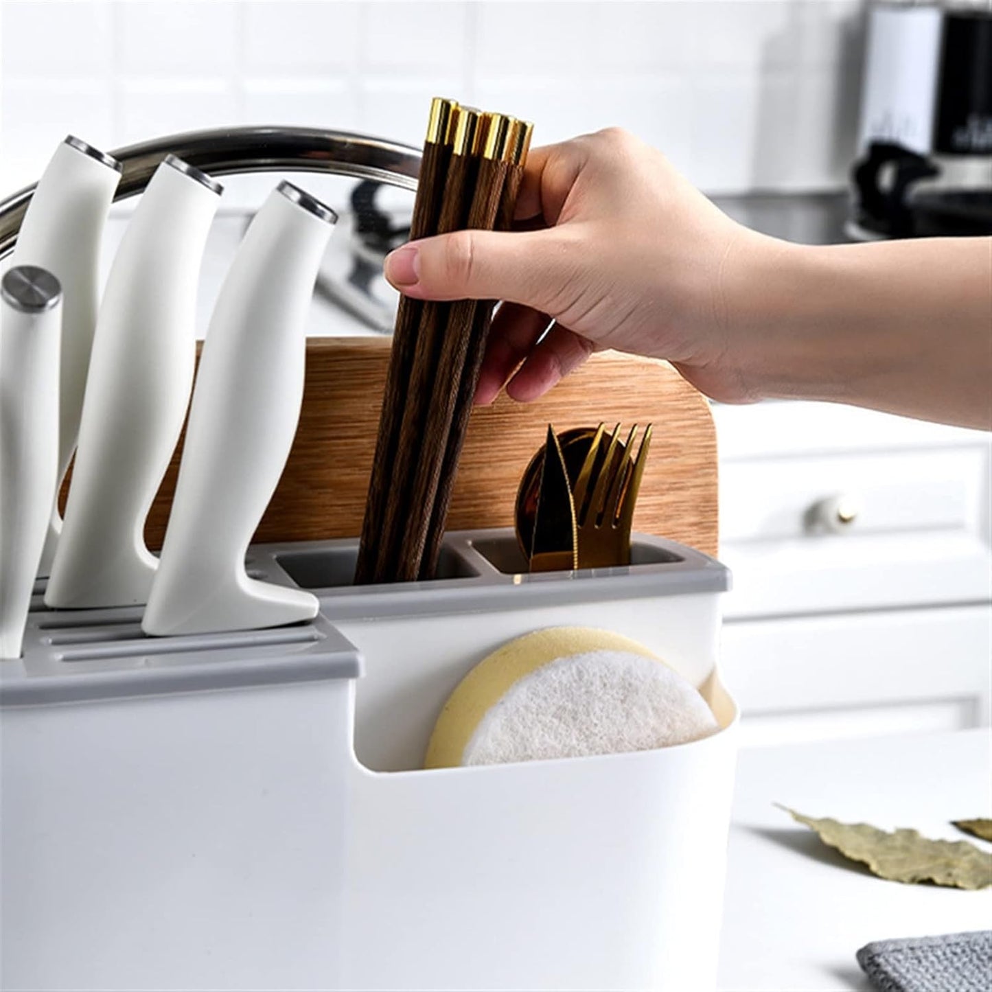 Chopstick Holder, Kitchen Tableware Chopsticks Cage Knife Holder Multifunction Cutlery Storage Tube Drainer Container Pot Lid Rack Organizer Items Garters(Gray)