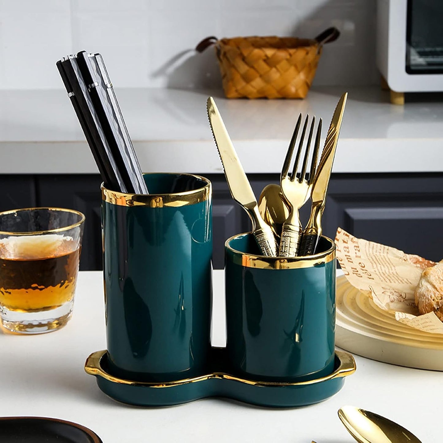 Utensil Caddy Chopstick Holder Ceramic Household, Kitchen Double-Layer Drain Chopstick Cage, Tableware Spoon and Fork Storage Tube Pen Holder (White)