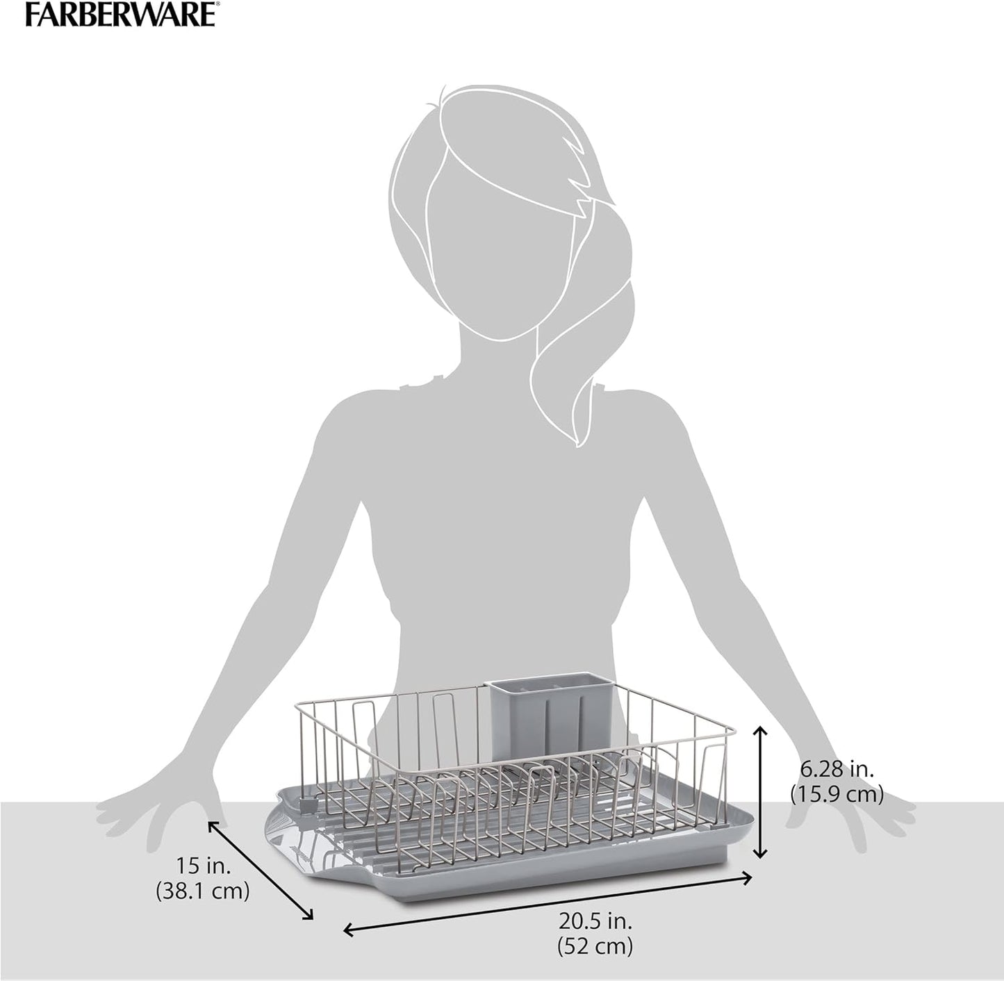 Farberware 3-Piece Large Capacity Dish Drying Rack Set with Drainboard and Utensil Holder, Rust-Resistant Kitchen Counter Dish Drainer