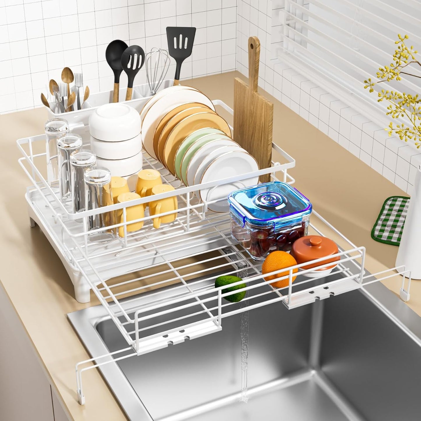 Dish Drying Rack - Expandable Rack, Large Capacity Dish Drainer for Kitchen Counter, Rust-Proof with Utensil Holder, Black