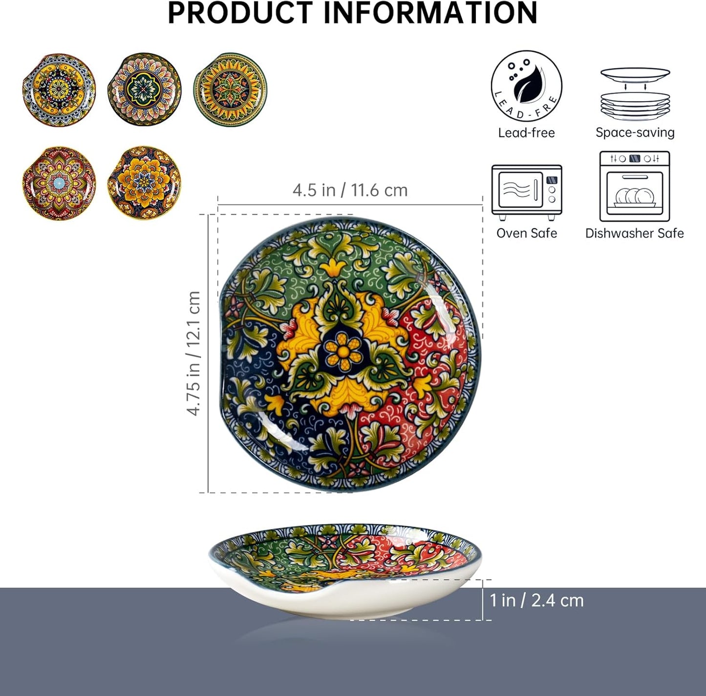 Henten Home Ceramic Spoon Rest for Stove Top, Bohemia Porcelain Spoon Holder Set of 6, Colorful Appetizer Plates for Sushi, Snack, Dishwasher & Microwave Safe