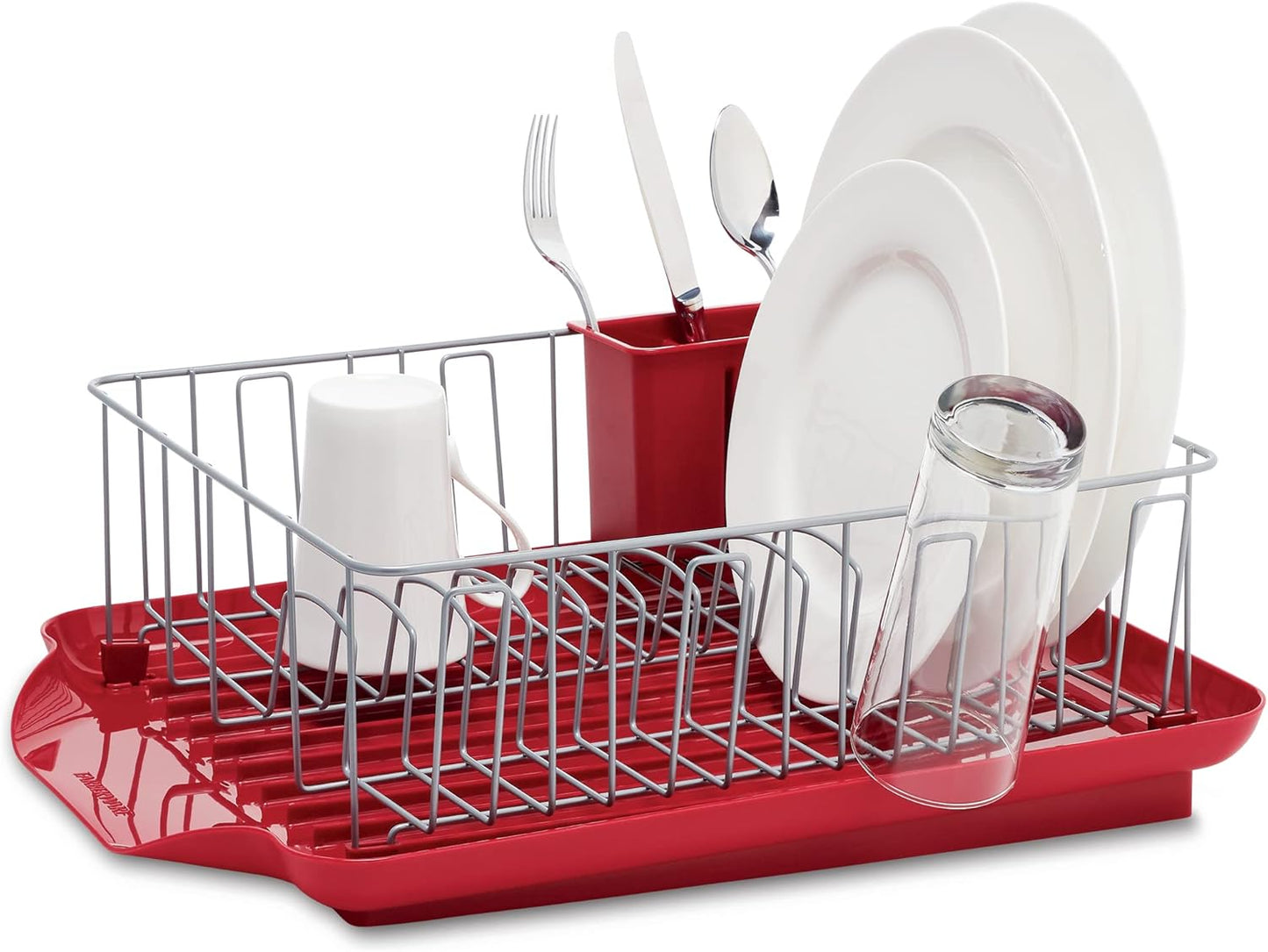 Farberware Classic Large Rust Resistant Full Dishrack with Removable 3 Compartment Flatware Caddy, Andlged Drain Board, 3-Piece, Red