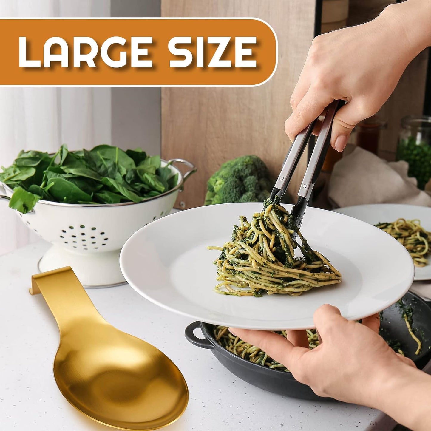 Nuanchu Stainless Steel Spoon Rest Spatula Ladle Holder Spoon for Stove Top Heavy Duty Spatula Holder for Countertop Dishwasher Safe Utensil Rest for Kitchen, 3.8 x 9.6"(Gold)