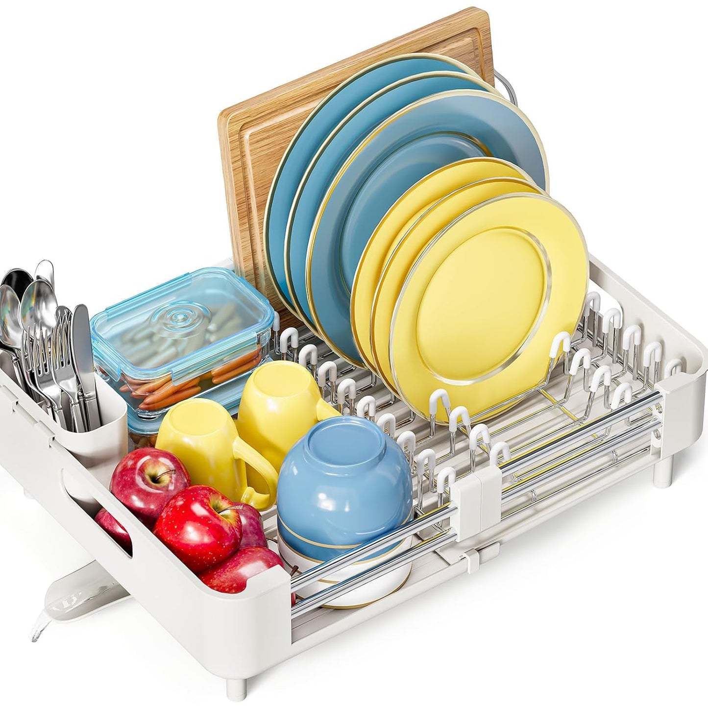 Dish Drying Rack for Kitchen Counter, Extendable Dish Rack with Drainboard, Expandable Dish Drainer, Collapsible Dish Strainer with Cutlery Holder, Foldable Home Countertop Plate Storage Rack, Gray