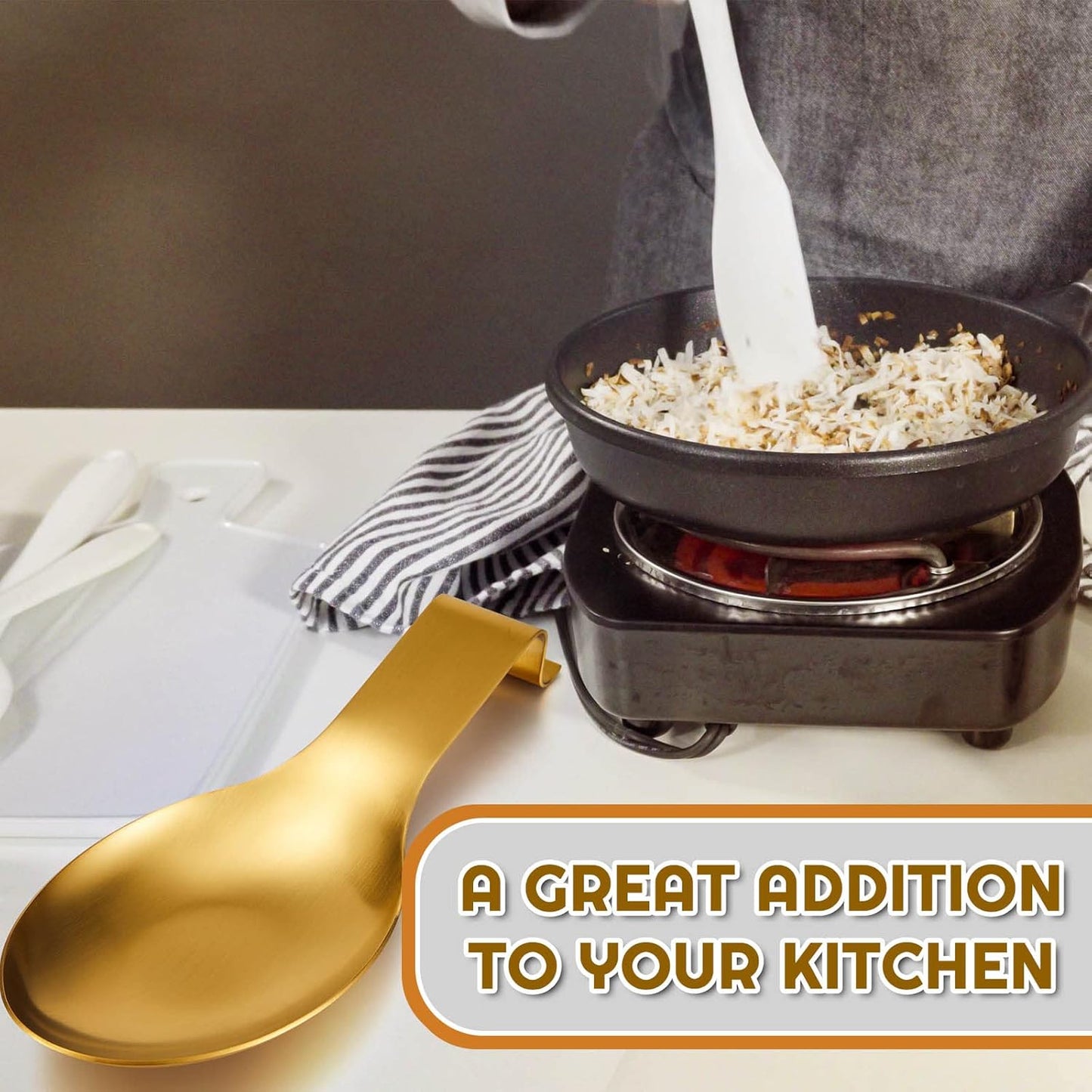 Nuanchu Stainless Steel Spoon Rest Spatula Ladle Holder Spoon for Stove Top Heavy Duty Spatula Holder for Countertop Dishwasher Safe Utensil Rest for Kitchen, 3.8 x 9.6"(Gold)