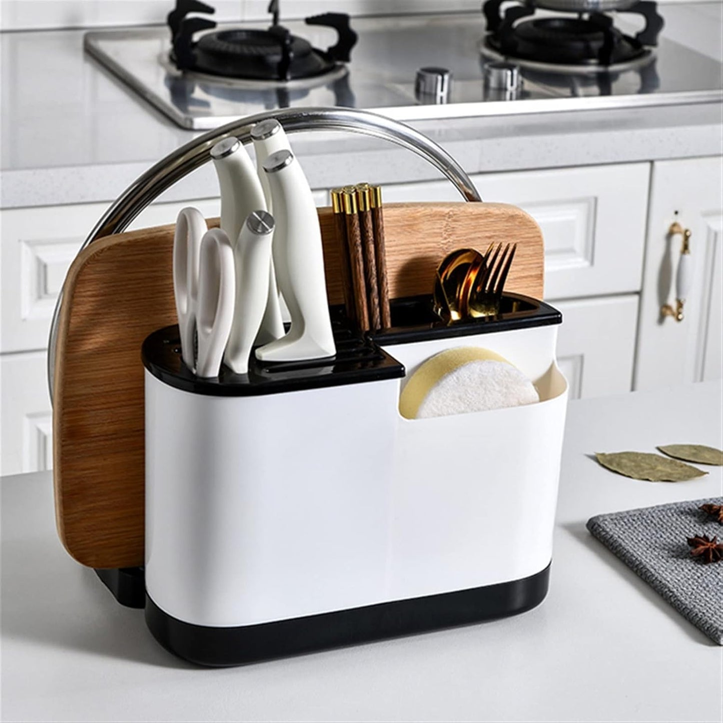 Chopstick Holder, Kitchen Tableware Chopsticks Cage Knife Holder Multifunction Cutlery Storage Tube Drainer Container Pot Lid Rack Organizer Items Garters(Gray)