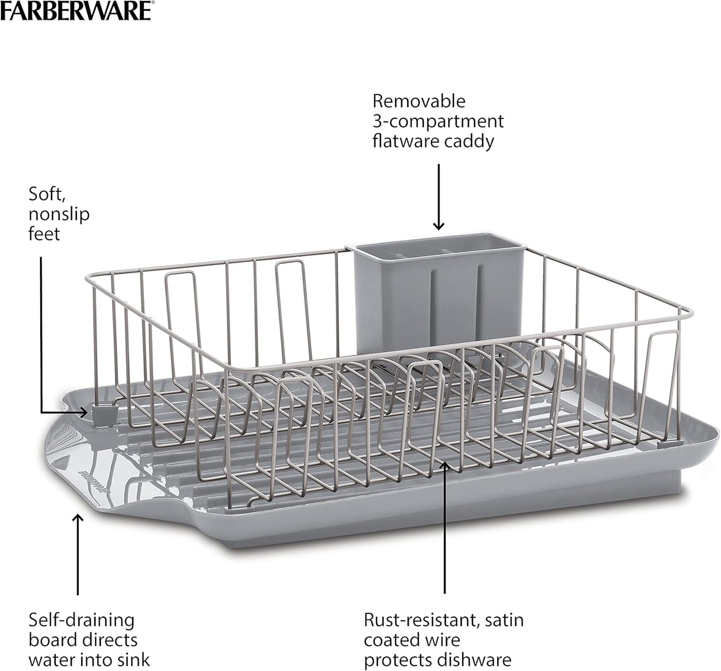 Farberware 3-Piece Large Capacity Dish Drying Rack Set with Drainboard and Utensil Holder, Rust-Resistant Kitchen Counter Dish Drainer