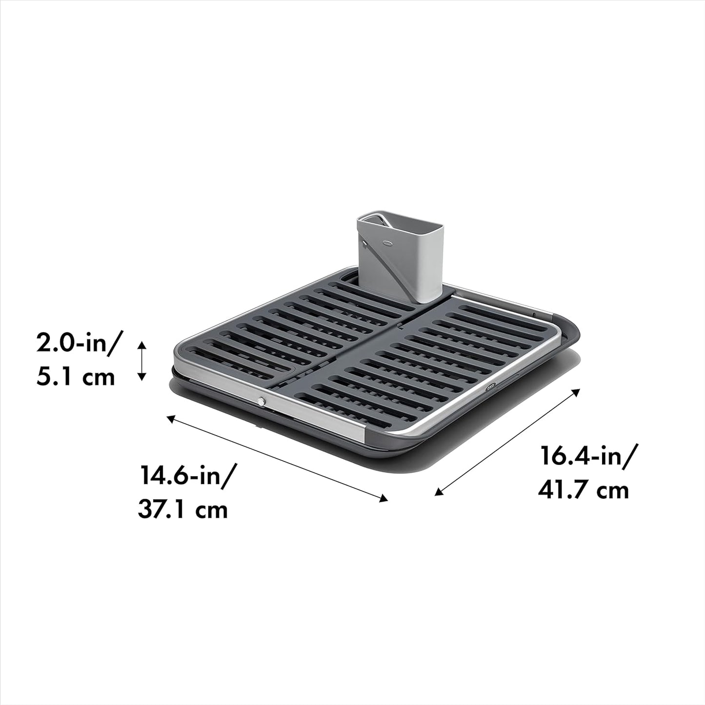 OXO Good Grips Aluminum Fold Flat Dish Drying Rack, 2-Tier, with Drainboard, for Kitchen Counter, Collapsible