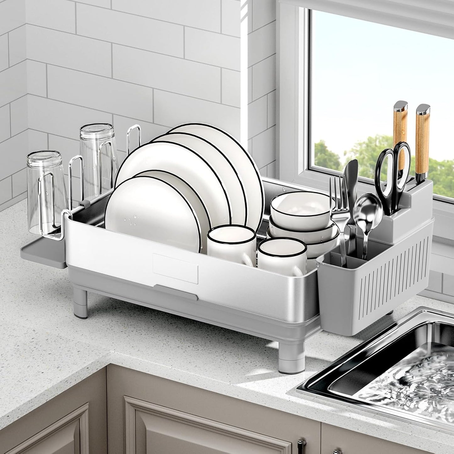 Dish Drying Rack, 304 Stainless Steel Dish Racks for Kitchen Counter, Dish Drainers with Automatic Drainage, Utensil Holder & Cups Holder, Space Saving Kitchen Organizer, Black
