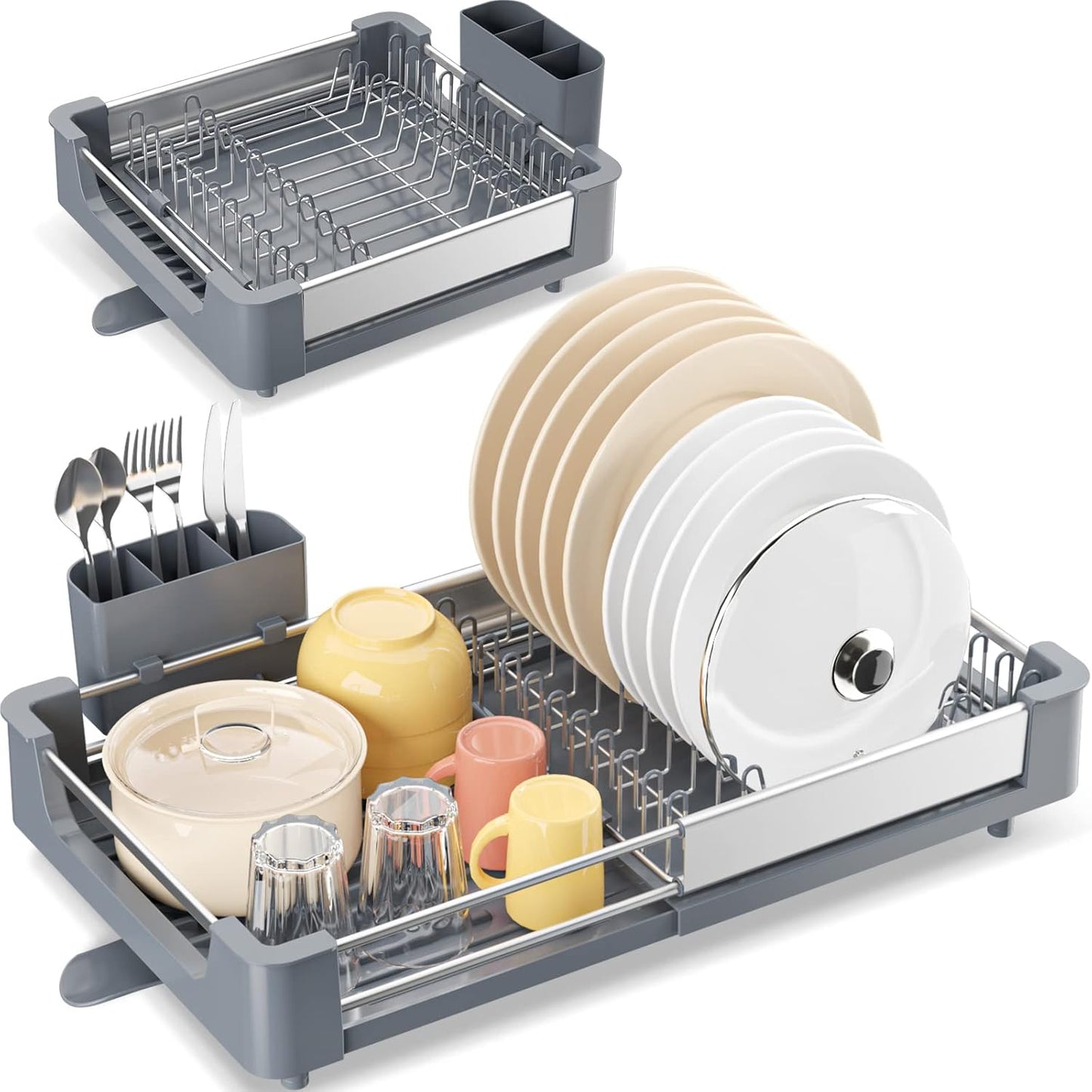 Dish Drying Rack for Kitchen Counter, Extendable Dish Rack with Drainboard, Expandable Dish Drainer, Collapsible Dish Strainer with Cutlery Holder, Foldable Home Countertop Plate Storage Rack, Gray