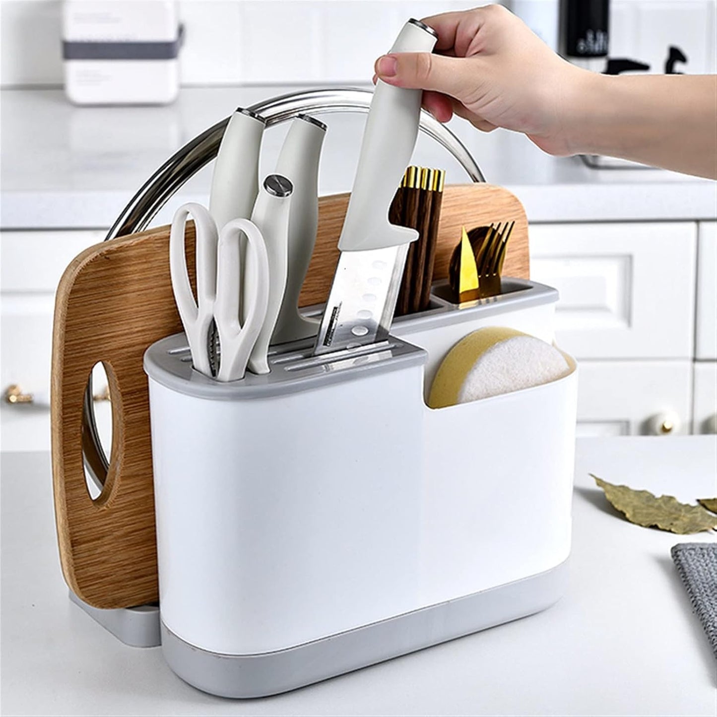 Chopstick Holder, Kitchen Tableware Chopsticks Cage Knife Holder Multifunction Cutlery Storage Tube Drainer Container Pot Lid Rack Organizer Items Garters(Gray)
