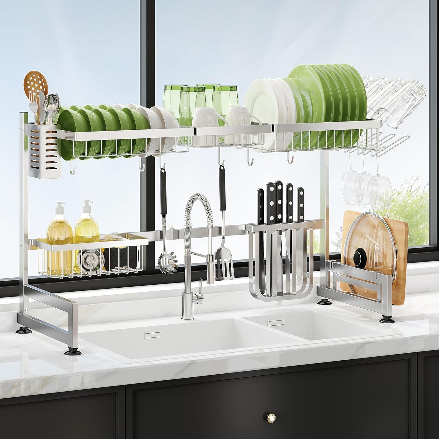 Dish Drying Rack in Sink, Expandable Stainless Steel Dish Drainers for Kitchen Counter, Dish Dryer Rack for Inside Sink, Over The Sink Dish Racks with Utensil Holder, Silver