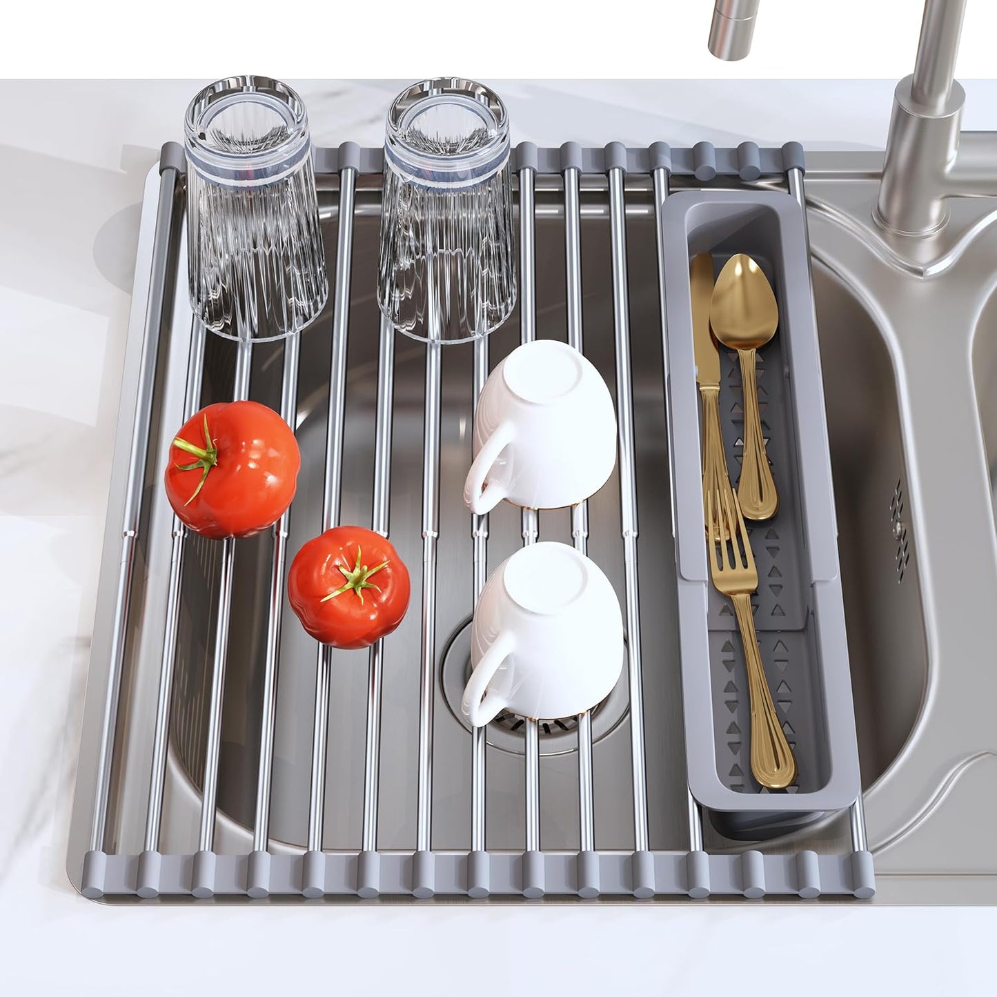 Dish Drying Rack in Sink, Expandable Stainless Steel Dish Drainers for Kitchen Counter, Dish Dryer Rack for Inside Sink, Over The Sink Dish Racks with Utensil Holder, Silver