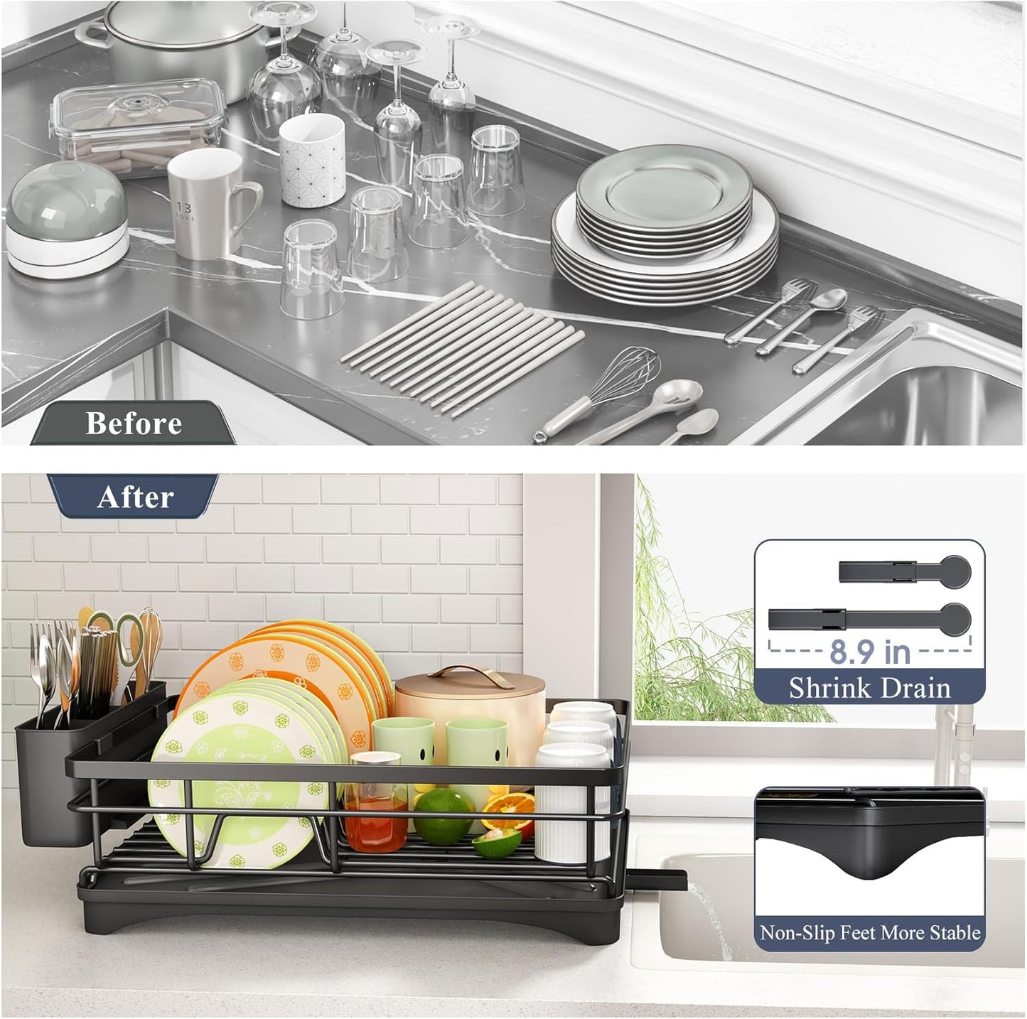 Dish Drying Rack - Stainless Steel Dish Rack for Kitchen Counter, Large-Capacity Dish Drainer with Cutlery Holder, Kitchen Organizer for Dishes, Spoons and Forks, Black