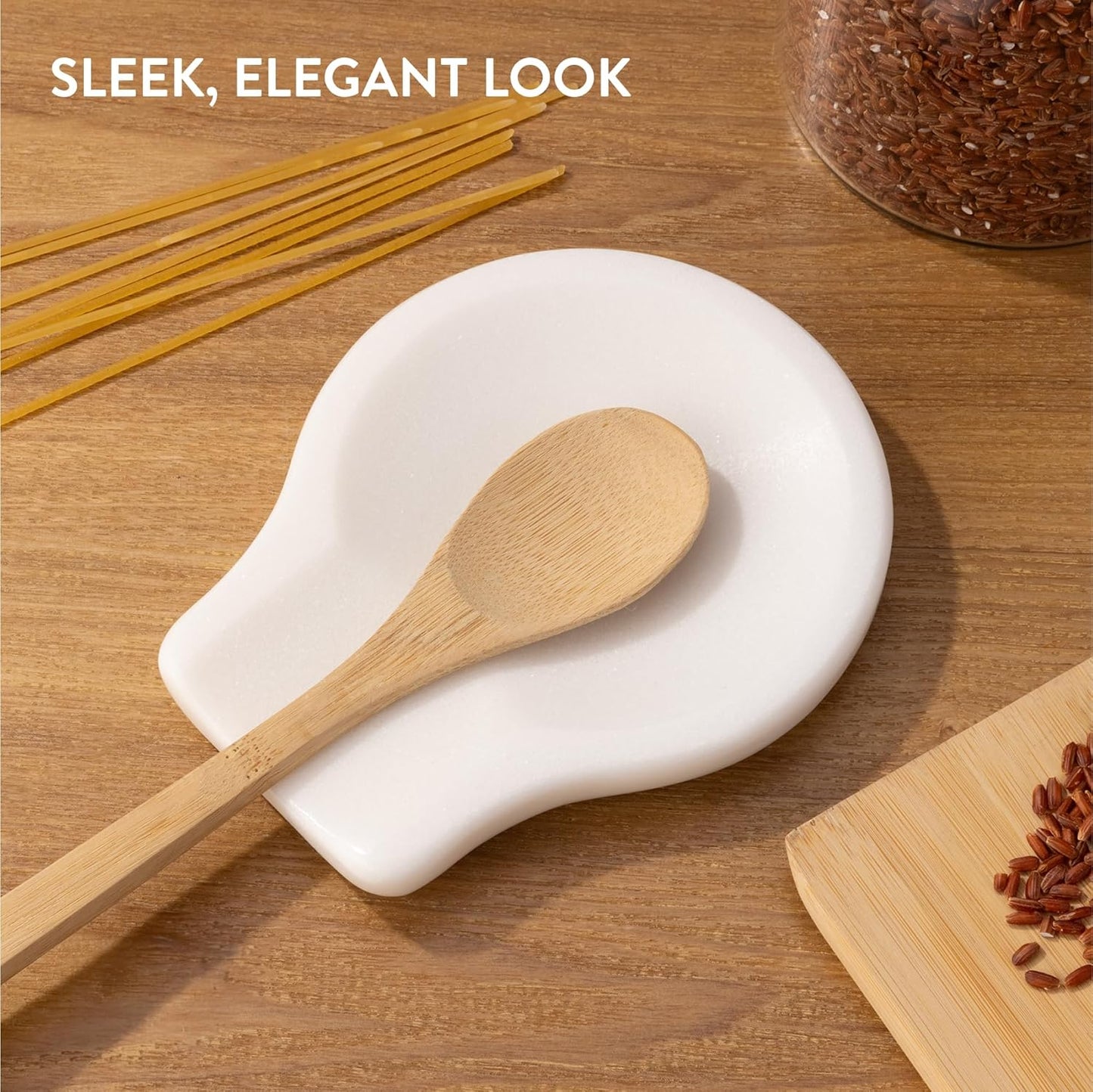 Navaris Marble Spoon Rest 2pcs Set - Spoon Holder for Your Kitchen Tools - Rest Your Tea Spoon, Metal Spatula, or Utensil - Snow White Marble with Non-Slip Feet