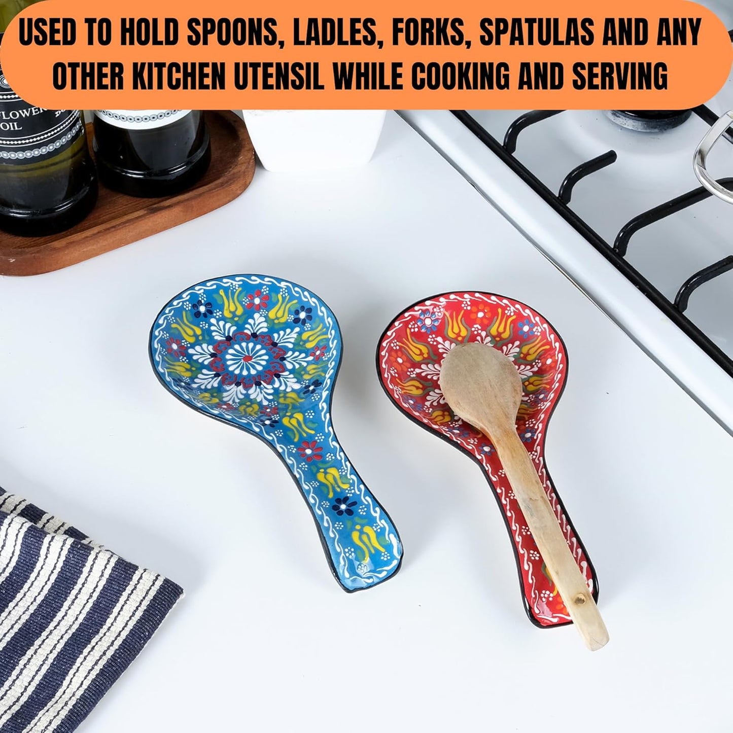 BCS Spoon Rest Set of 2 - Ceramic Spoon Holder for Stovetop & Kitchen Counter - Dishwasher Safe Handmade Kitchen Utensil (Blue-Red 4.5” W x 9" L)