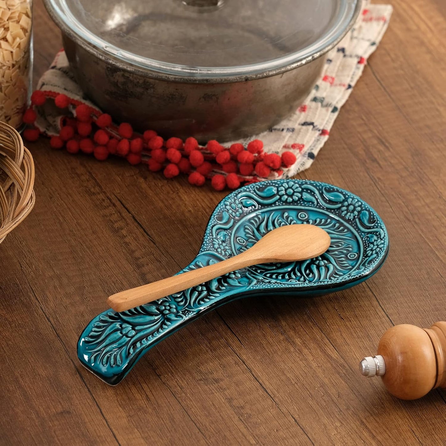 BCS Spoon Rest Set of 2 - Ceramic Spoon Holder for Stovetop & Kitchen Counter - Dishwasher Safe Handmade Kitchen Utensil (Turquoise 4.5" W x 9" L)