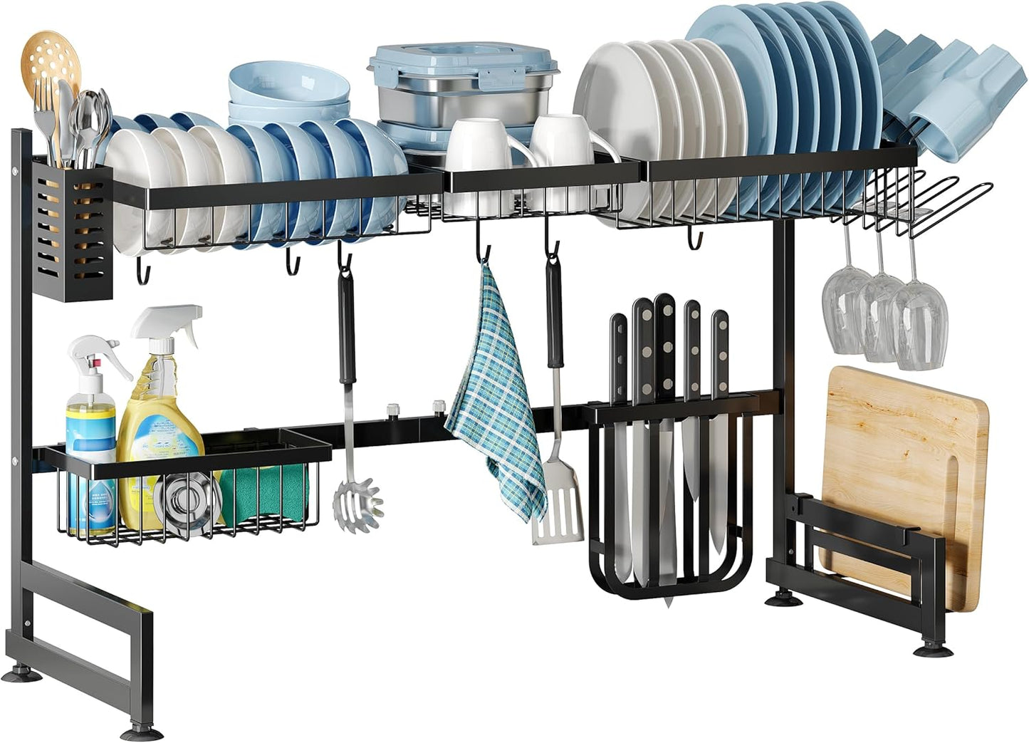 BOOSINY 2 Tier Black Large Stainless Steel Dish Drainers Drying Rack for Kitchen Counter with Drainboard, Rust Proof Metal, Space Saving, Modern Aesthetic, Compact Plates Strainers with Extra Mat