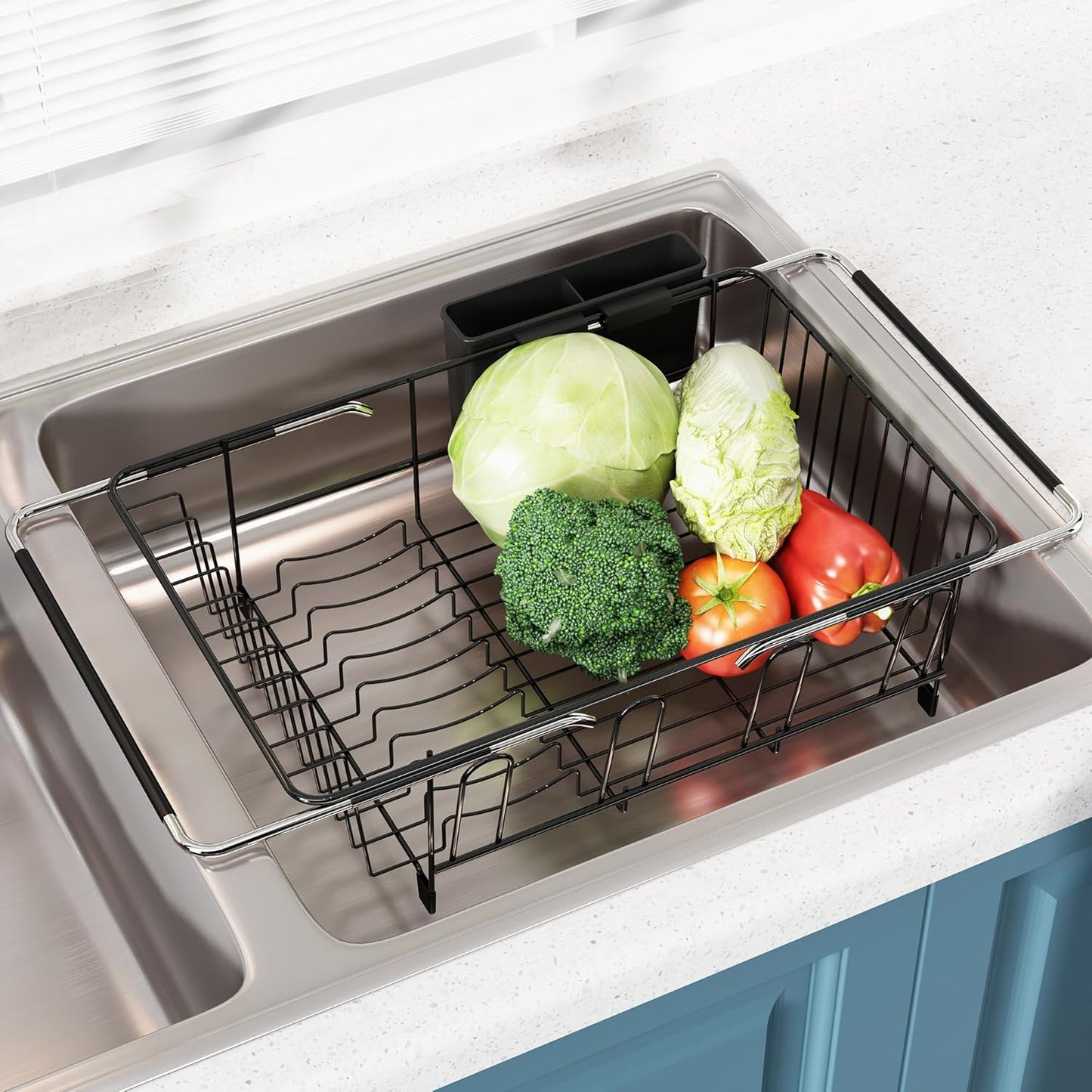 Dish Drying Rack in Sink, Expandable Stainless Steel Dish Drainers for Kitchen Counter, Dish Dryer Rack for Inside Sink, Over The Sink Dish Racks with Utensil Holder, Silver