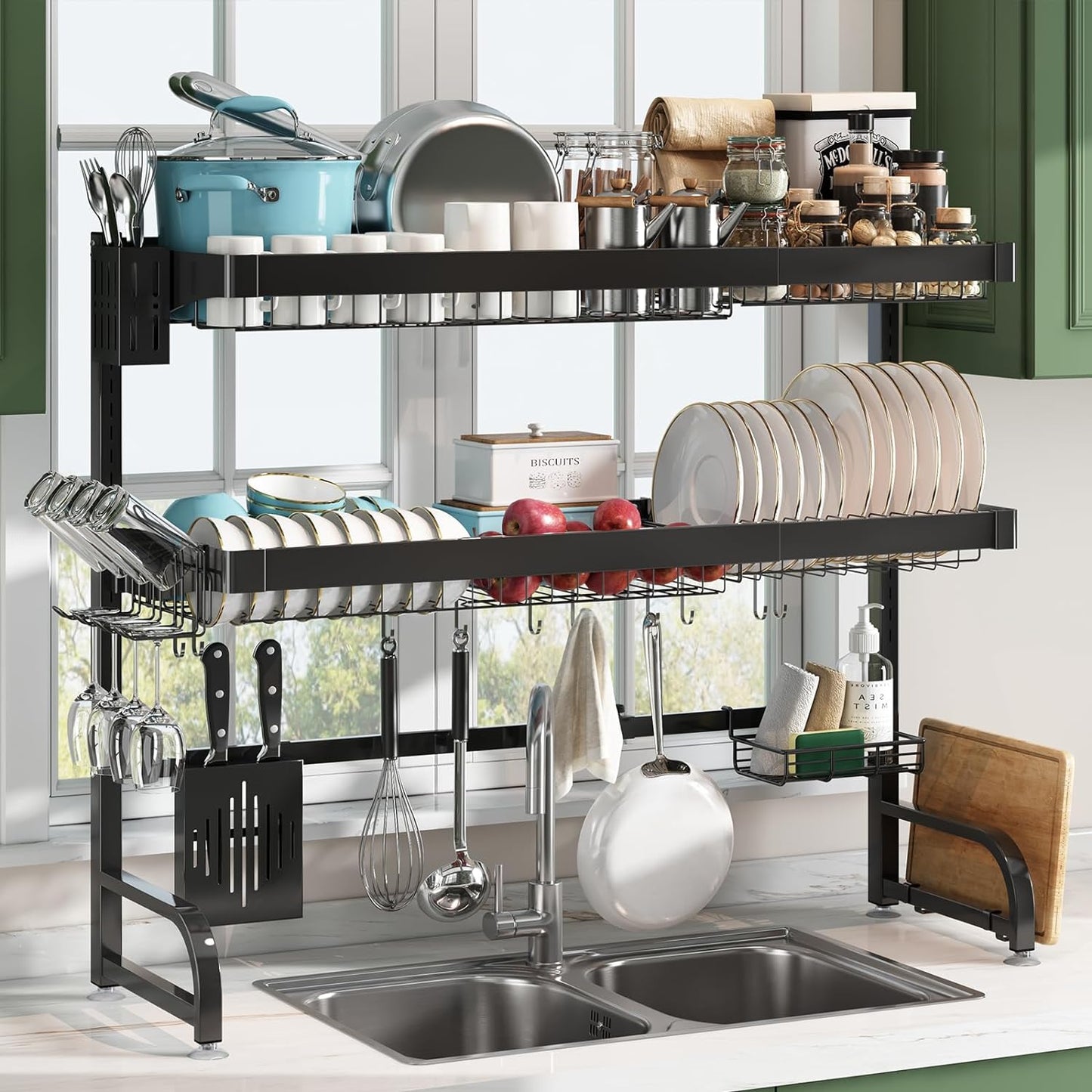 BOOSINY 2 Tier Black Large Stainless Steel Dish Drainers Drying Rack for Kitchen Counter with Drainboard, Rust Proof Metal, Space Saving, Modern Aesthetic, Compact Plates Strainers with Extra Mat