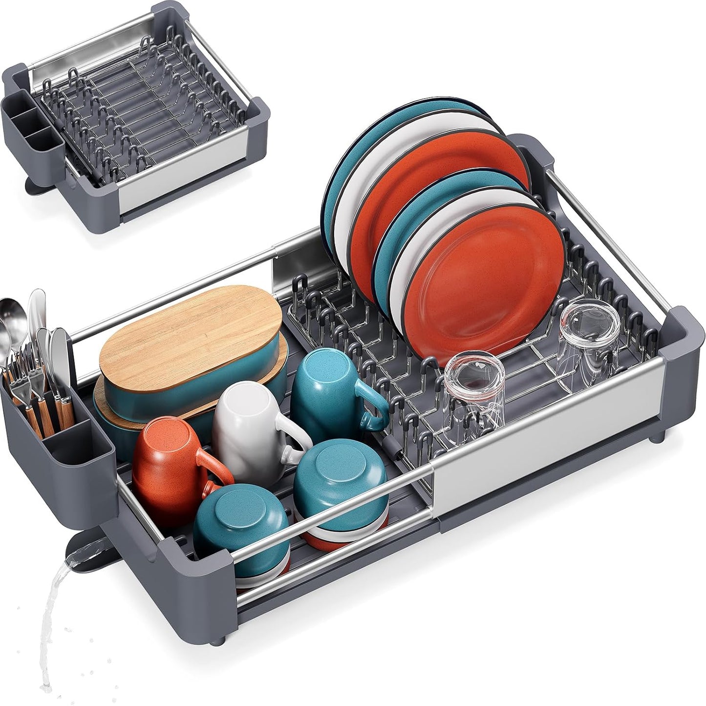 Dish Drying Rack for Kitchen Counter, Extendable Dish Rack with Drainboard, Expandable Dish Drainer, Collapsible Dish Strainer with Cutlery Holder, Foldable Home Countertop Plate Storage Rack, Gray