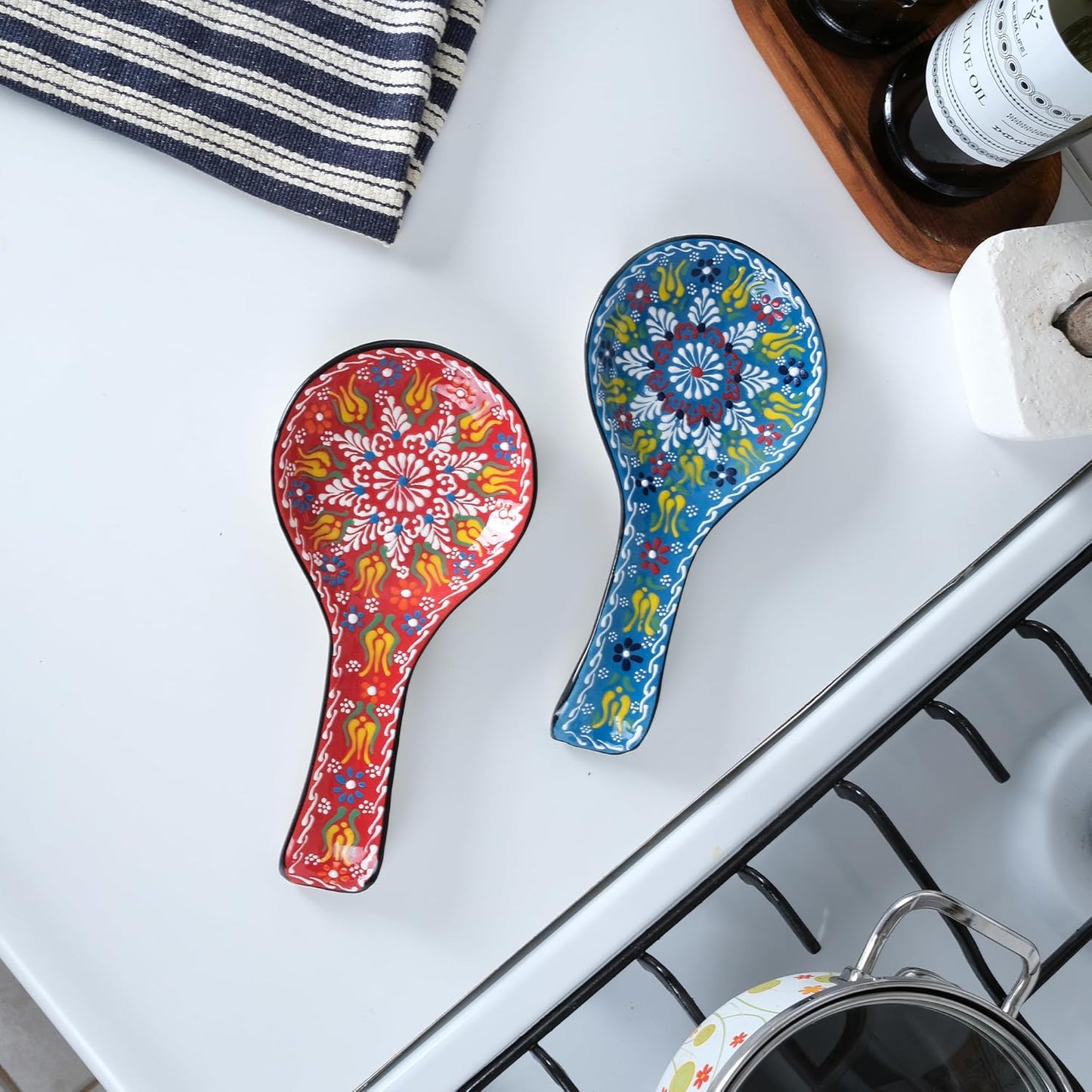 BCS Spoon Rest Set of 2 - Ceramic Spoon Holder for Stovetop & Kitchen Counter - Dishwasher Safe Handmade Kitchen Utensil (Blue-Red 4.5” W x 9" L)