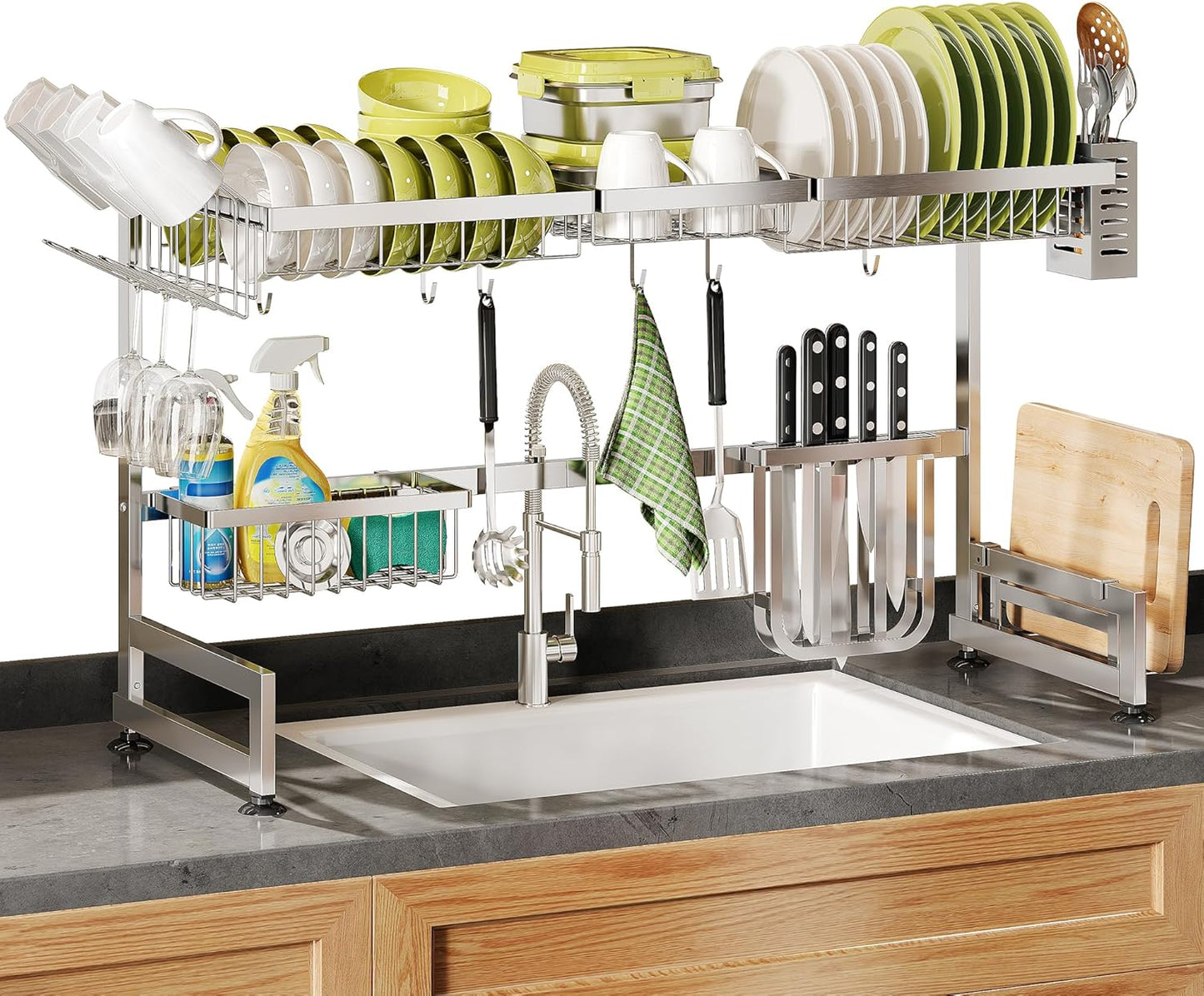 BOOSINY 2 Tier Black Large Stainless Steel Dish Drainers Drying Rack for Kitchen Counter with Drainboard, Rust Proof Metal, Space Saving, Modern Aesthetic, Compact Plates Strainers with Extra Mat