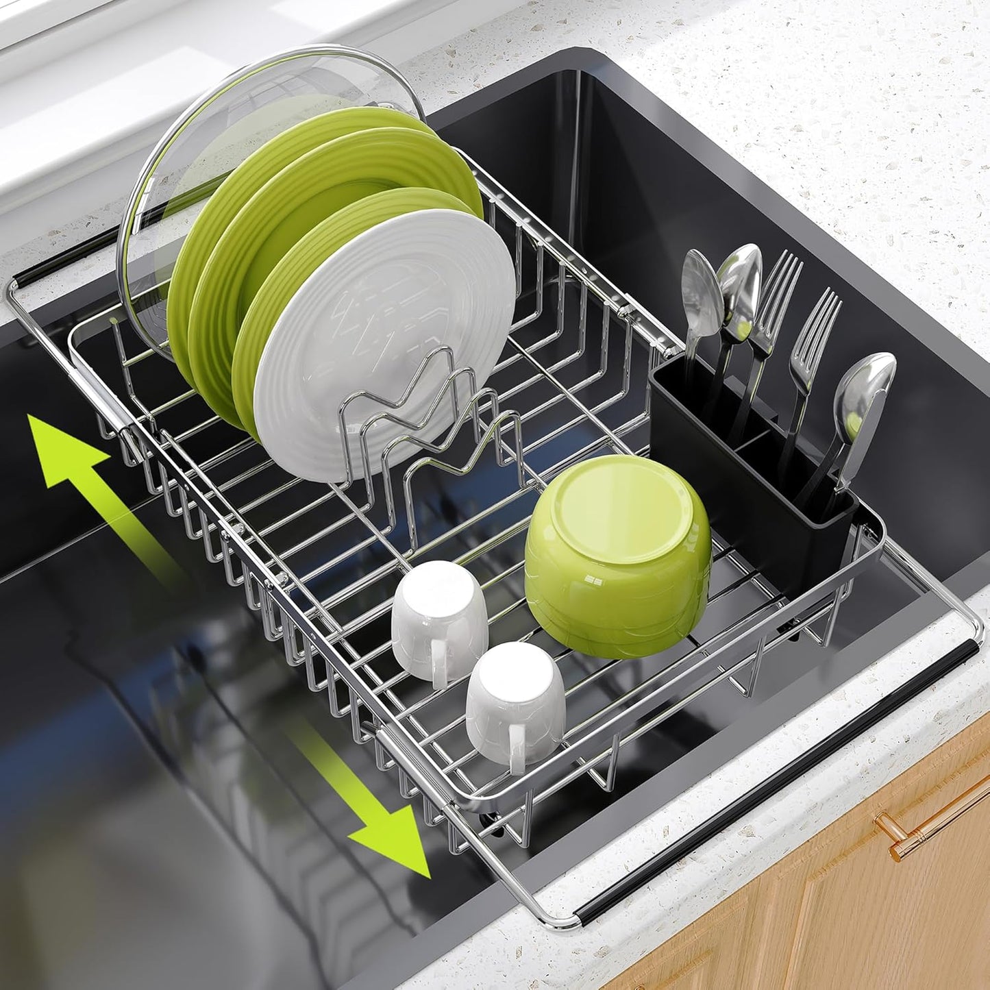 Dish Drying Rack in Sink, Expandable Stainless Steel Dish Drainers for Kitchen Counter, Dish Dryer Rack for Inside Sink, Over The Sink Dish Racks with Utensil Holder, Silver