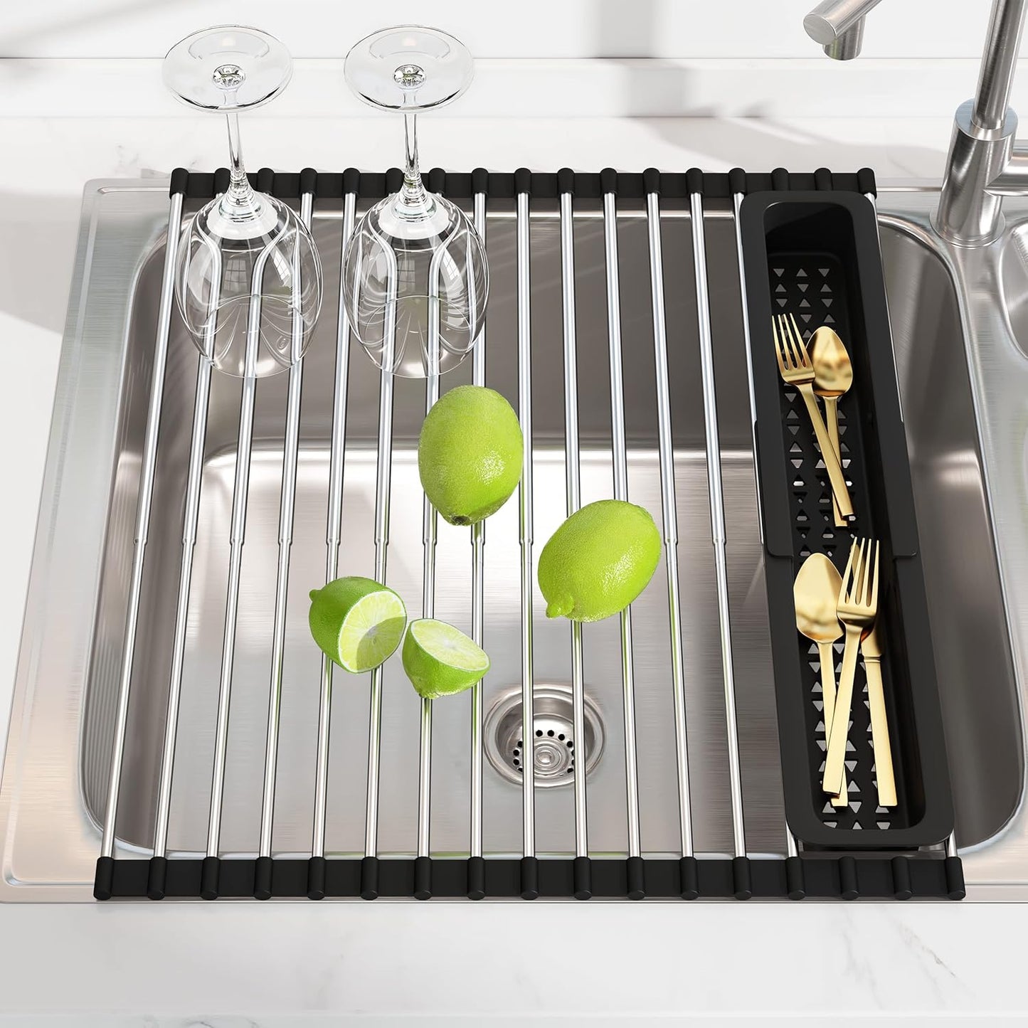 Dish Drying Rack in Sink, Expandable Stainless Steel Dish Drainers for Kitchen Counter, Dish Dryer Rack for Inside Sink, Over The Sink Dish Racks with Utensil Holder, Silver