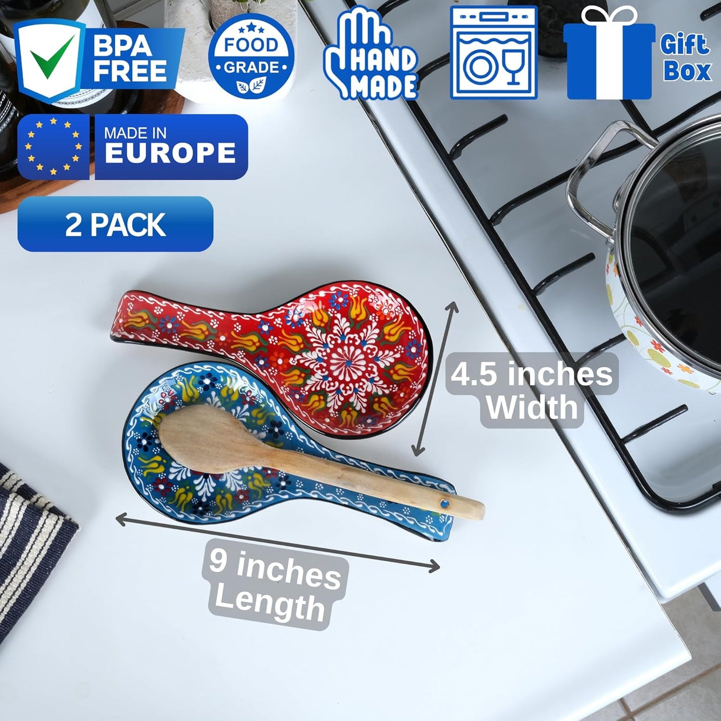 BCS Spoon Rest Set of 2 - Ceramic Spoon Holder for Stovetop & Kitchen Counter - Dishwasher Safe Handmade Kitchen Utensil (Blue-Red 4.5” W x 9" L)