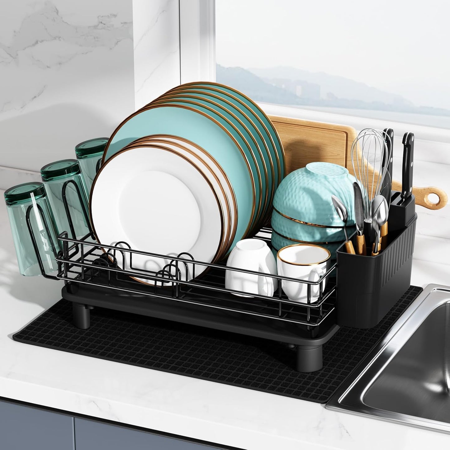 Dish Drying Rack in Sink, Expandable Stainless Steel Dish Drainers for Kitchen Counter, Dish Dryer Rack for Inside Sink, Over The Sink Dish Racks with Utensil Holder, Silver