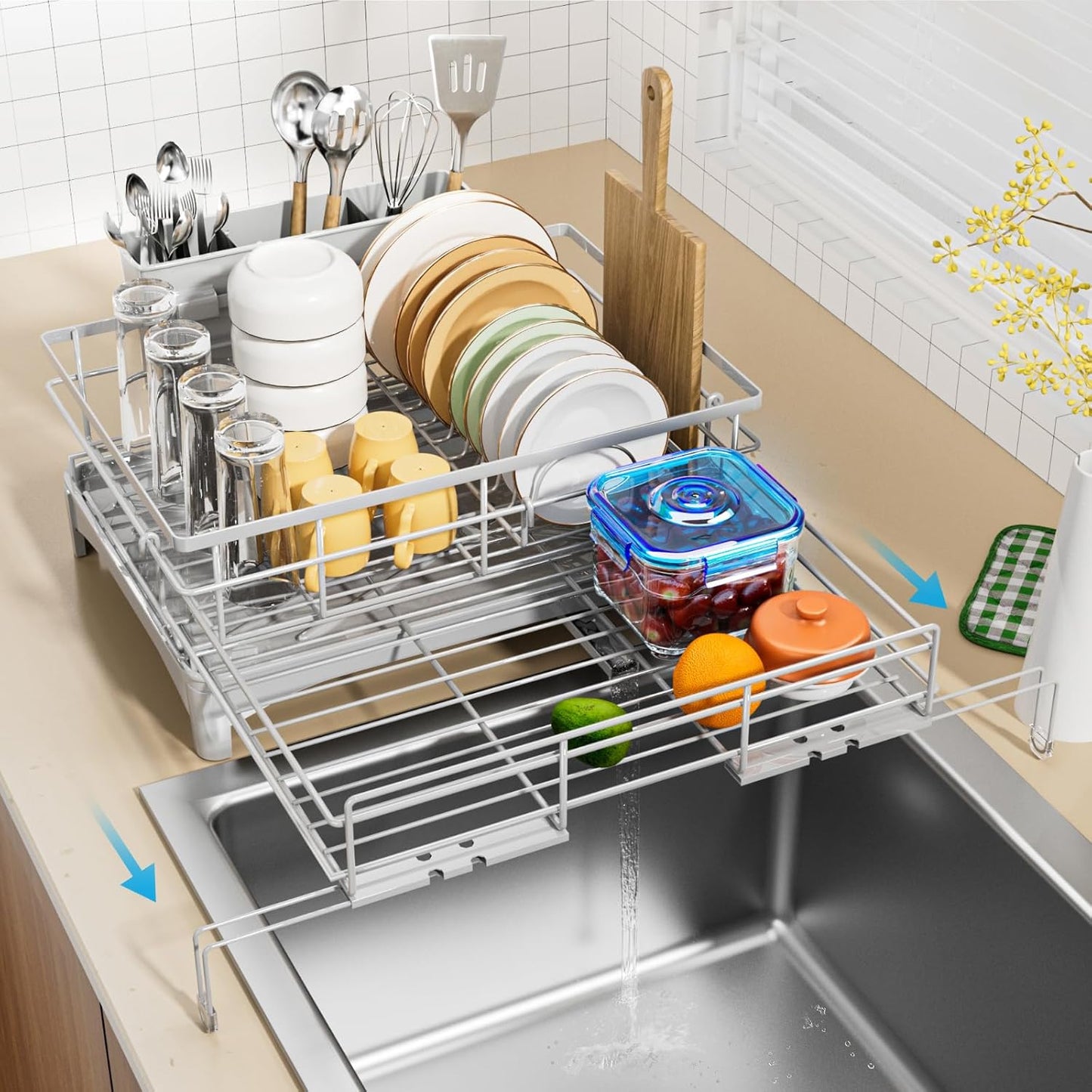 Dish Drying Rack - Expandable Rack, Large Capacity Dish Drainer for Kitchen Counter, Rust-Proof with Utensil Holder, Black