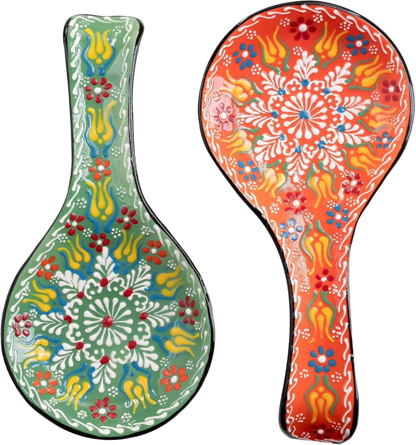 BCS Spoon Rest Set of 2 - Ceramic Spoon Holder for Stovetop & Kitchen Counter - Dishwasher Safe Handmade Kitchen Utensil (Blue-Red 4.5” W x 9" L)