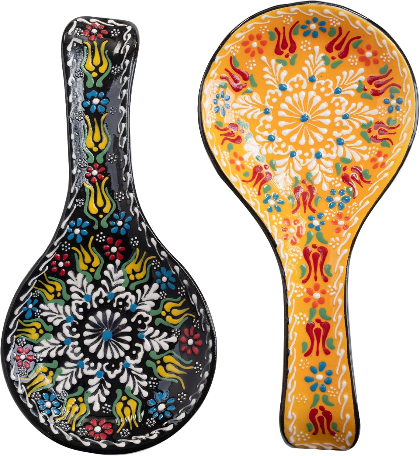 BCS Spoon Rest Set of 2 - Ceramic Spoon Holder for Stovetop & Kitchen Counter - Dishwasher Safe Handmade Kitchen Utensil (Blue-Red 4.5” W x 9" L)