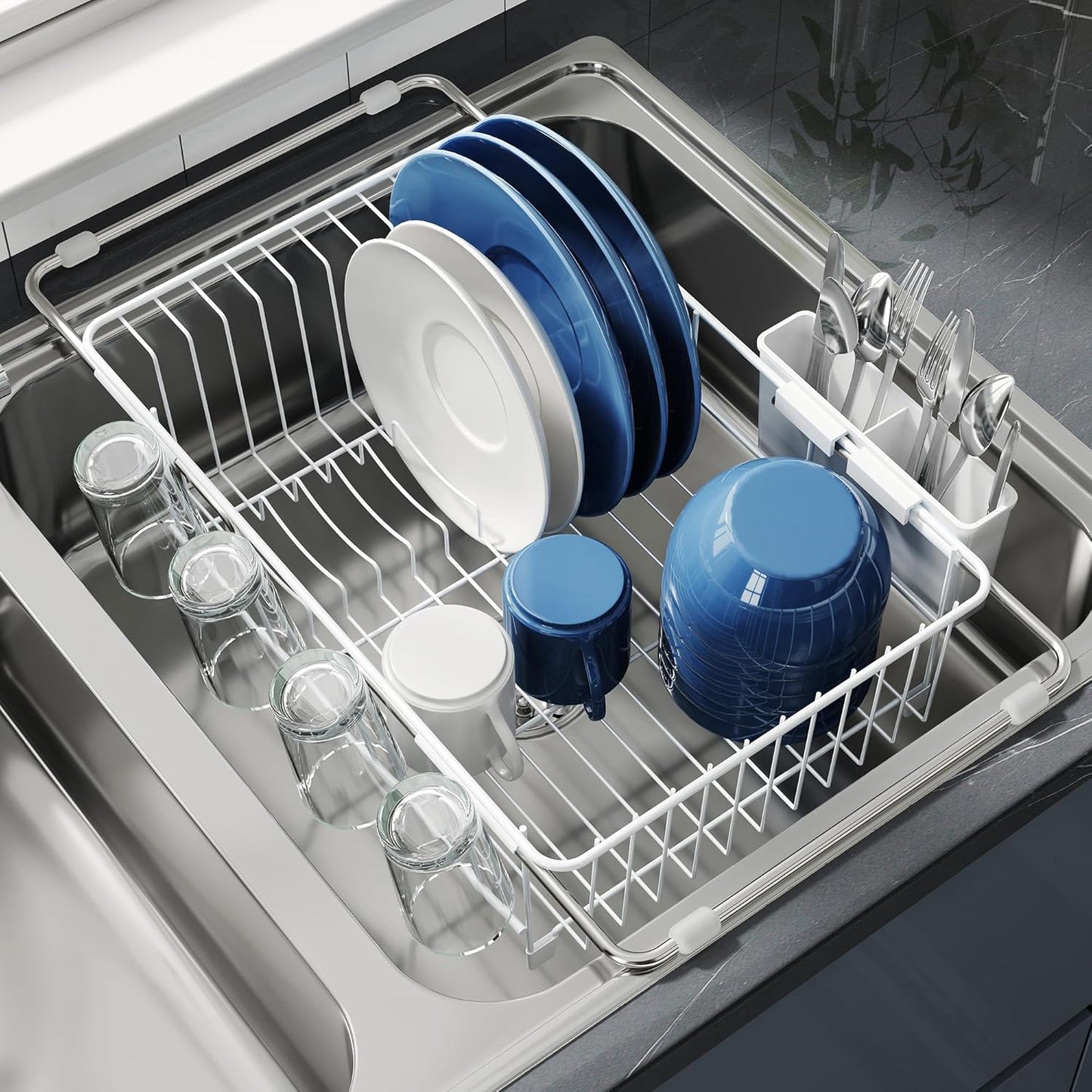 Dish Drying Rack in Sink, Expandable Stainless Steel Dish Drainers for Kitchen Counter, Dish Dryer Rack for Inside Sink, Over The Sink Dish Racks with Utensil Holder, Silver