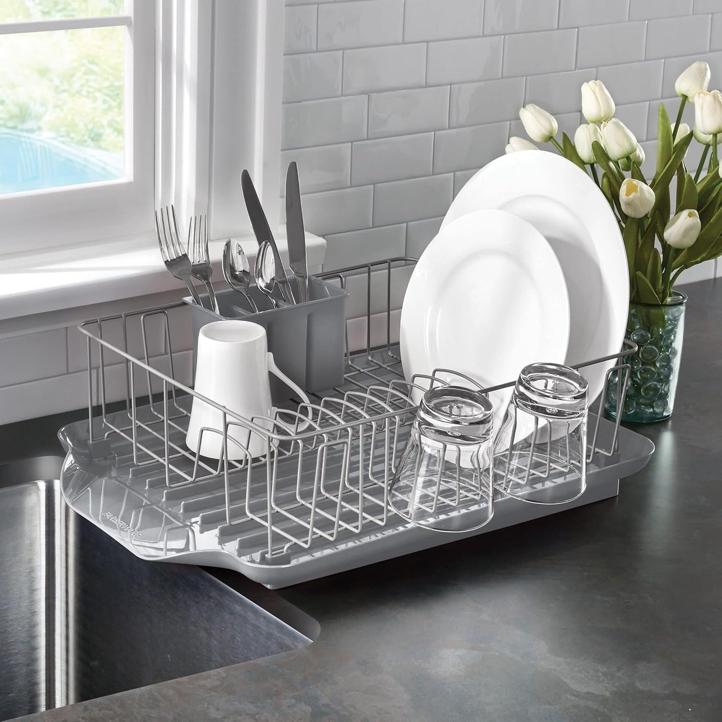 Farberware 3-Piece Large Capacity Dish Drying Rack Set with Drainboard and Utensil Holder, Rust-Resistant Kitchen Counter Dish Drainer