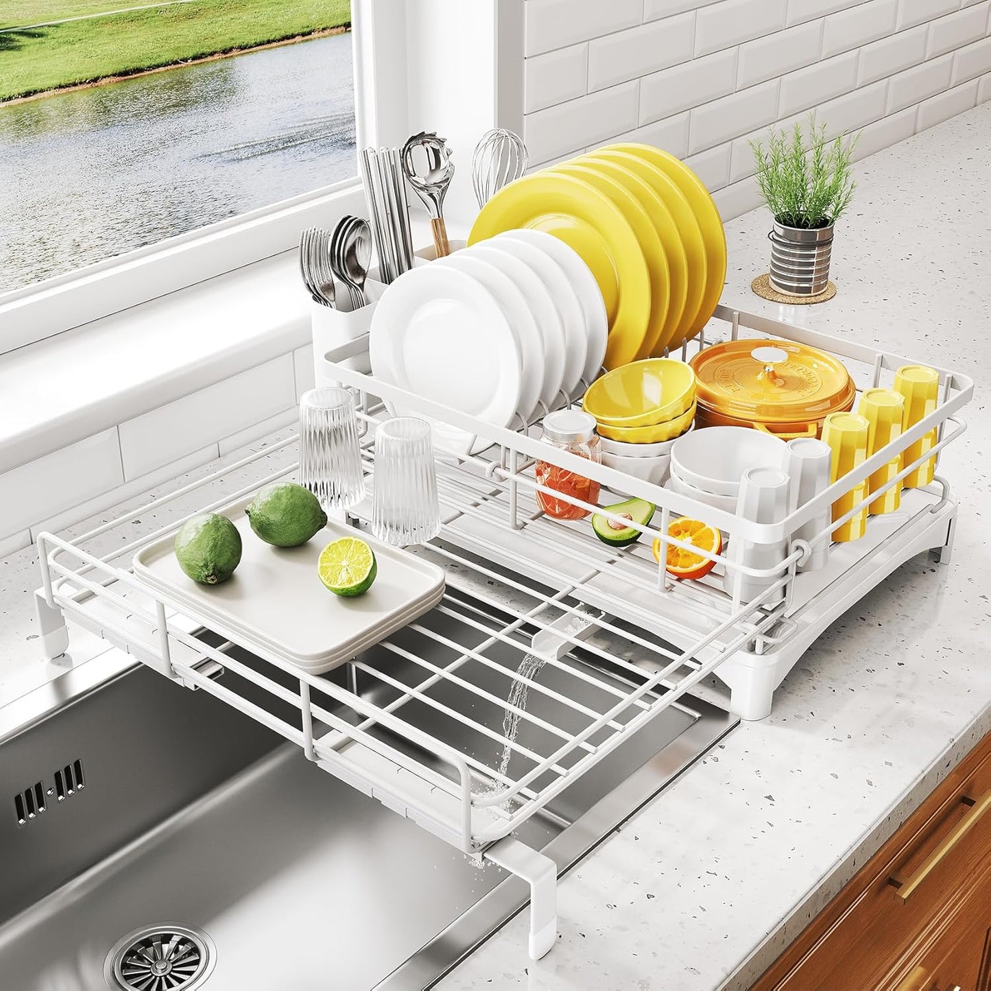 Dish Drying Rack - Extendable Dish Rack, Large Sink Drying Dish Drainer for Kitchen Counter, Stainless Steel Dish Strainer with Utensil Holder (Black)