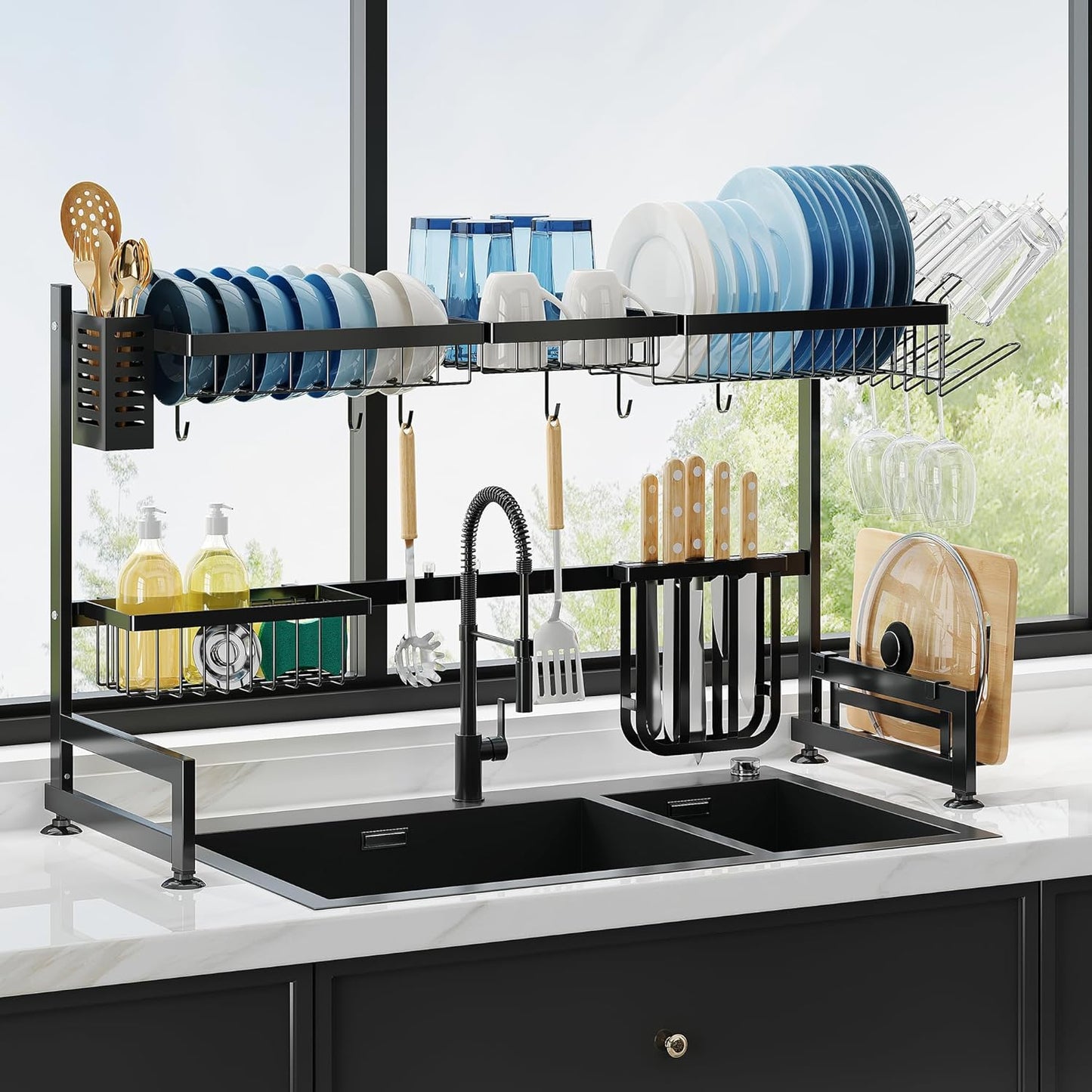 Dish Drying Rack in Sink, Expandable Stainless Steel Dish Drainers for Kitchen Counter, Dish Dryer Rack for Inside Sink, Over The Sink Dish Racks with Utensil Holder, Silver