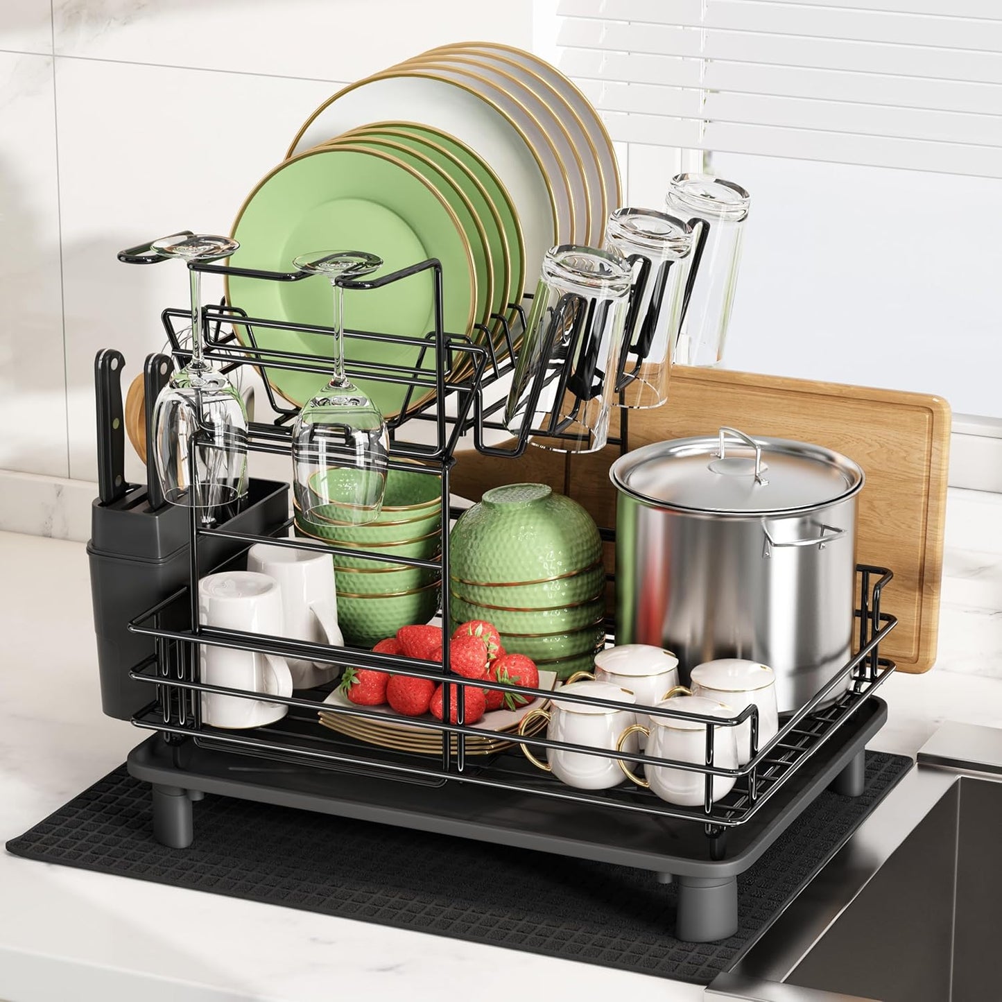 Dish Drying Rack in Sink, Expandable Stainless Steel Dish Drainers for Kitchen Counter, Dish Dryer Rack for Inside Sink, Over The Sink Dish Racks with Utensil Holder, Silver