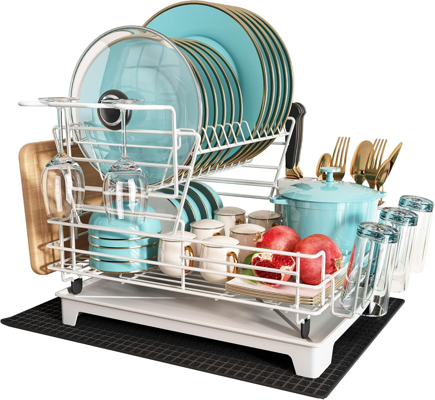 BOOSINY 2 Tier Black Large Stainless Steel Dish Drainers Drying Rack for Kitchen Counter with Drainboard, Rust Proof Metal, Space Saving, Modern Aesthetic, Compact Plates Strainers with Extra Mat