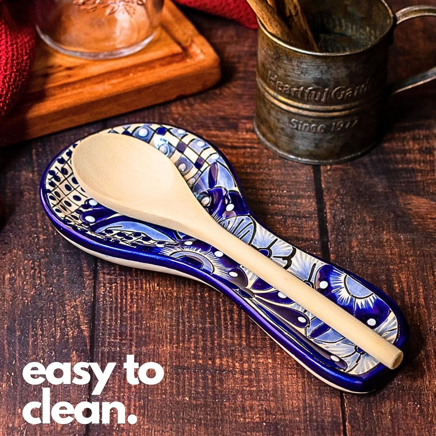 Ceramic Spoon Rest - Hand Painted Talavera Ceramic Spoon Holder in Gift Box - Lead-Free - Blue and White Mexican Style Cuchara Azul Blanco