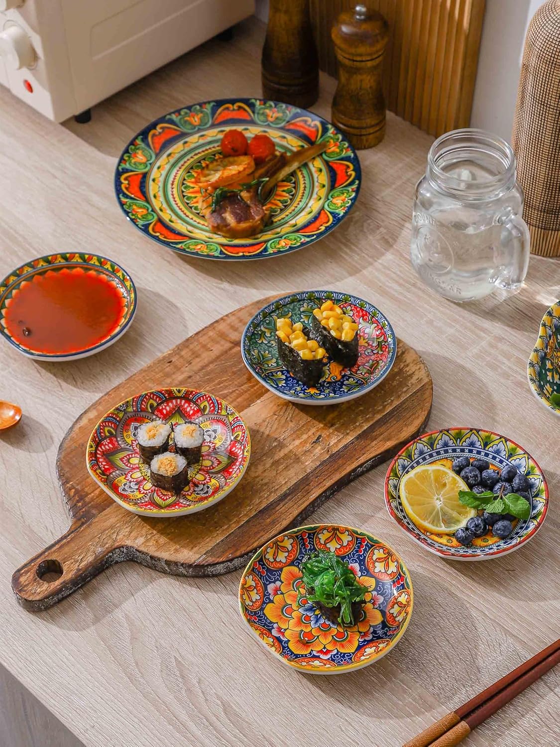 Henten Home Ceramic Spoon Rest for Stove Top, Bohemia Porcelain Spoon Holder Set of 6, Colorful Appetizer Plates for Sushi, Snack, Dishwasher & Microwave Safe