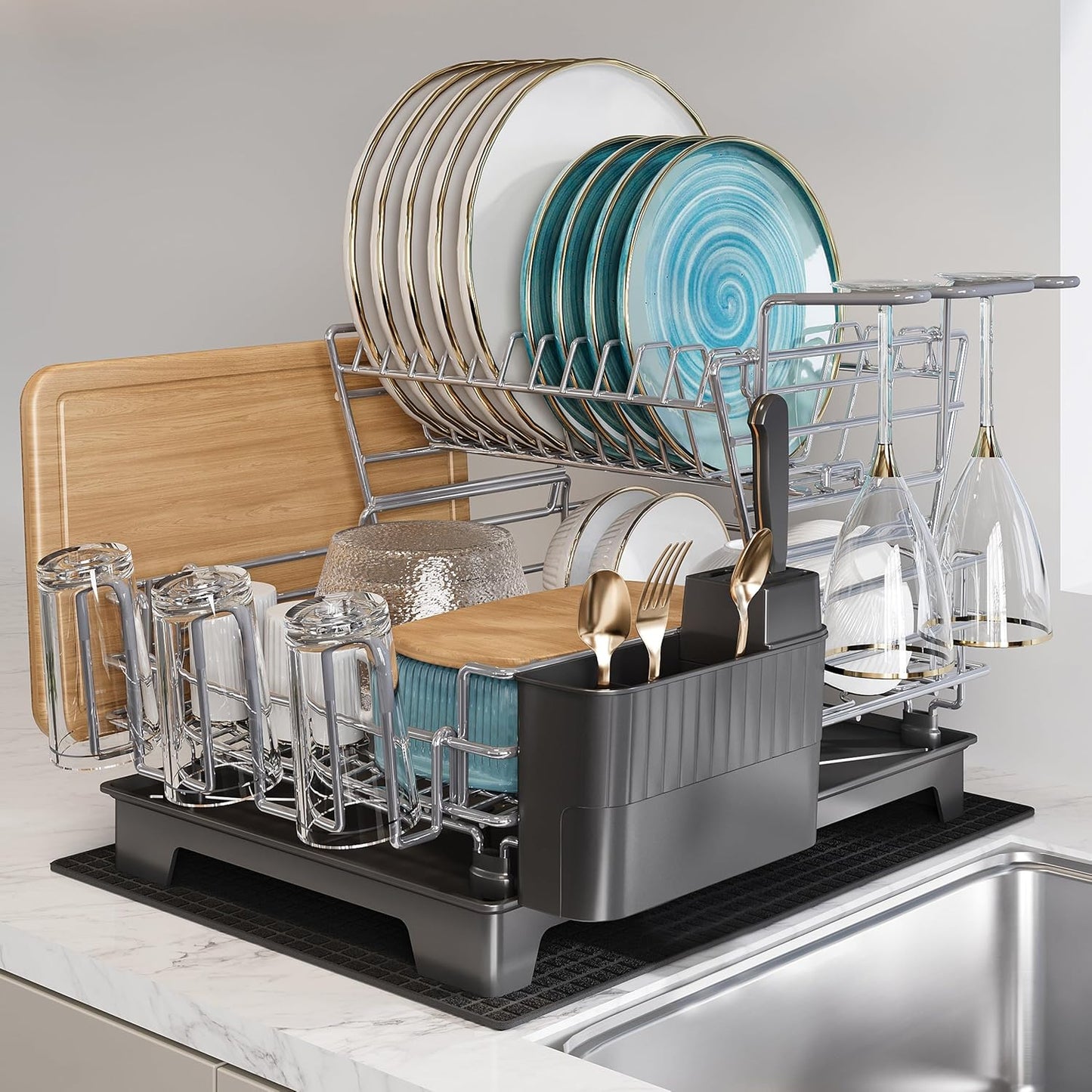 BOOSINY 2 Tier Black Large Stainless Steel Dish Drainers Drying Rack for Kitchen Counter with Drainboard, Rust Proof Metal, Space Saving, Modern Aesthetic, Compact Plates Strainers with Extra Mat