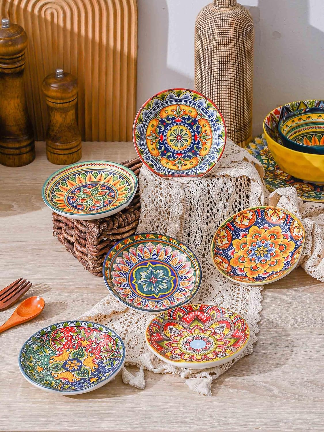 Henten Home Ceramic Spoon Rest for Stove Top, Bohemia Porcelain Spoon Holder Set of 6, Colorful Appetizer Plates for Sushi, Snack, Dishwasher & Microwave Safe